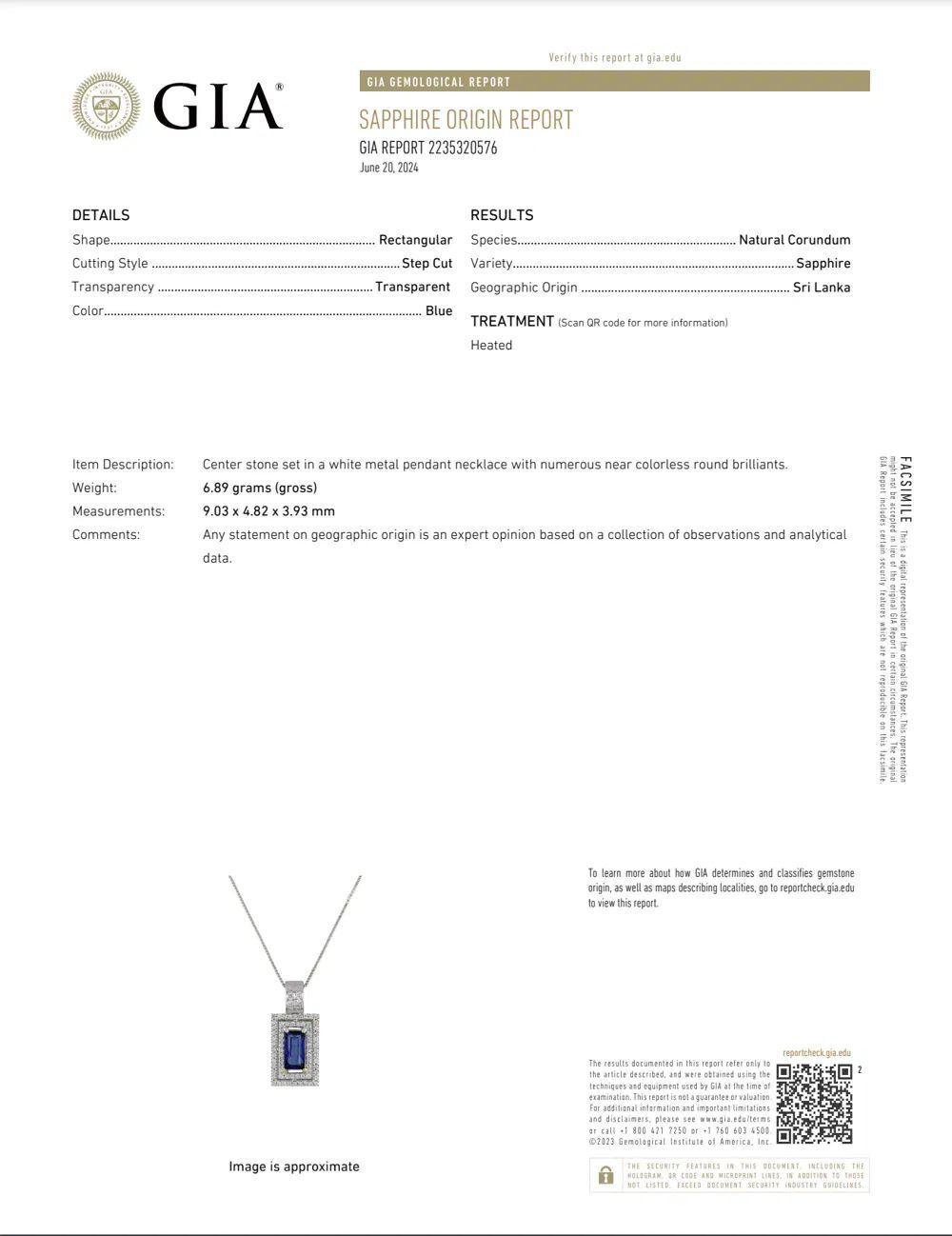 Women's 2.02 Carat Emerald Cut Ceylon Sapphire GIA and Diamond Gold Pendant Necklace For Sale