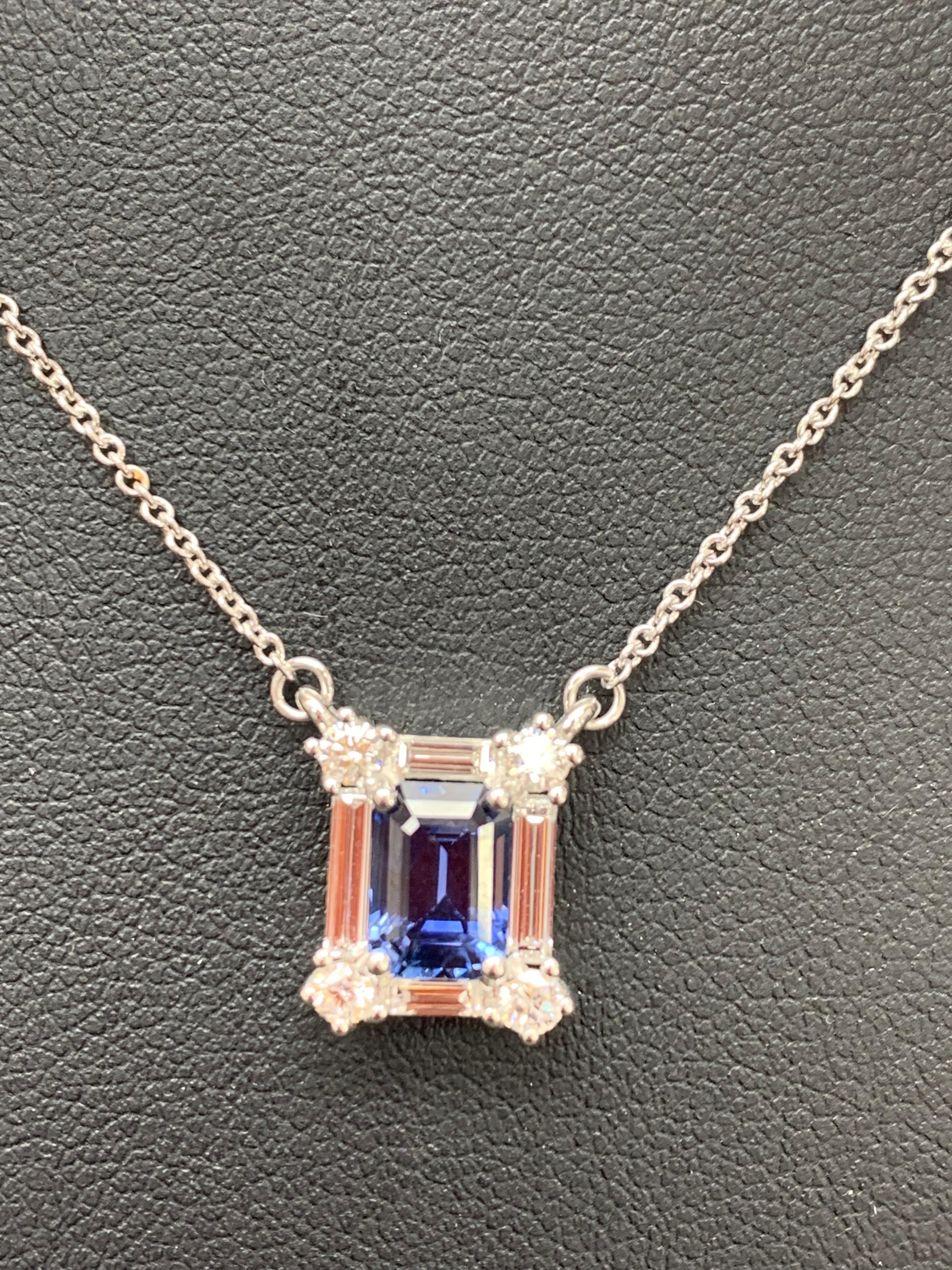 Modern 2.02 Carat Emerald Cut Sapphire and Diamond Pendant Necklace in 14K White Gold For Sale