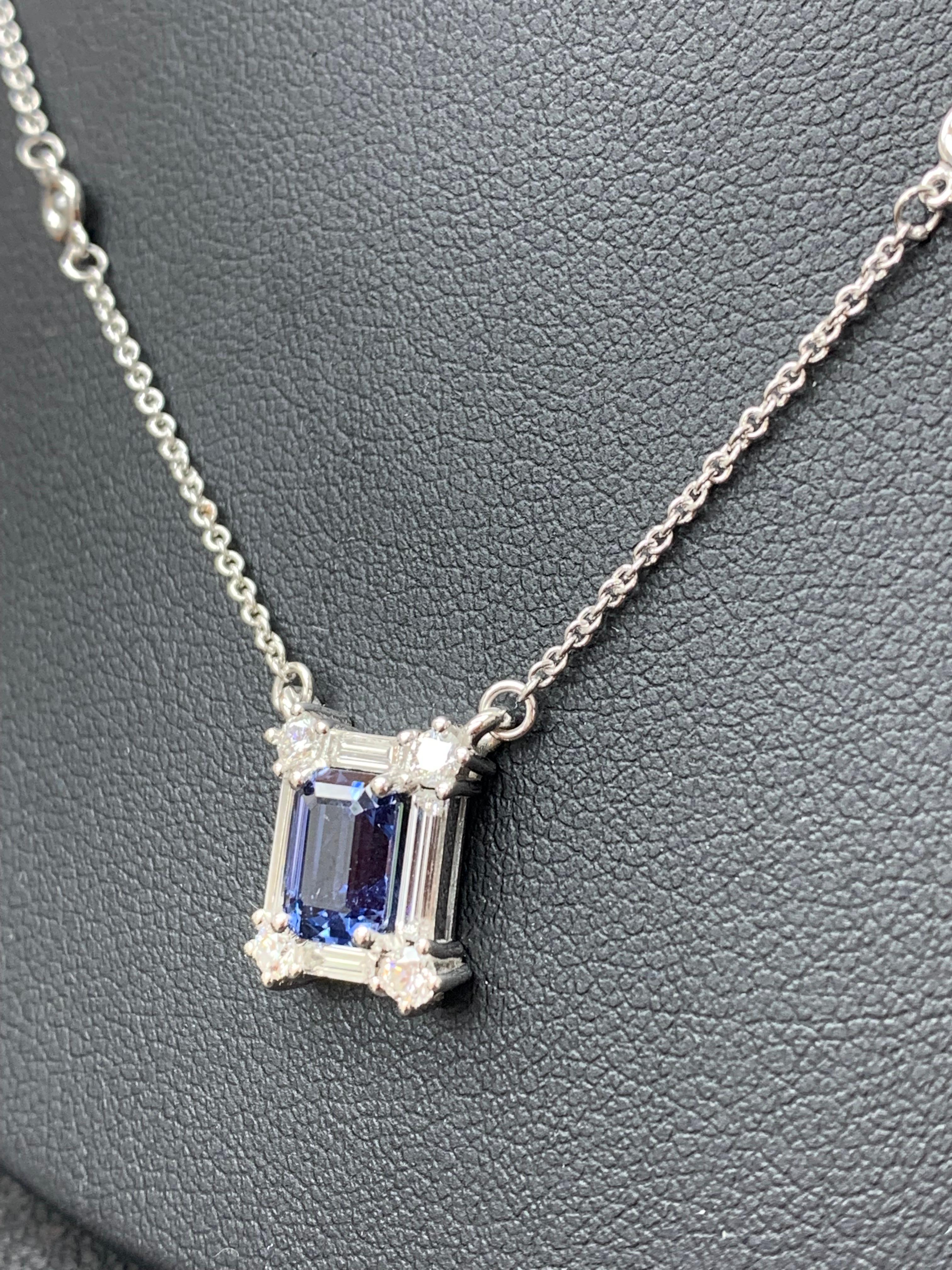 2.02 Carat Emerald Cut Sapphire and Diamond Pendant Necklace in 14K White Gold In New Condition For Sale In NEW YORK, NY