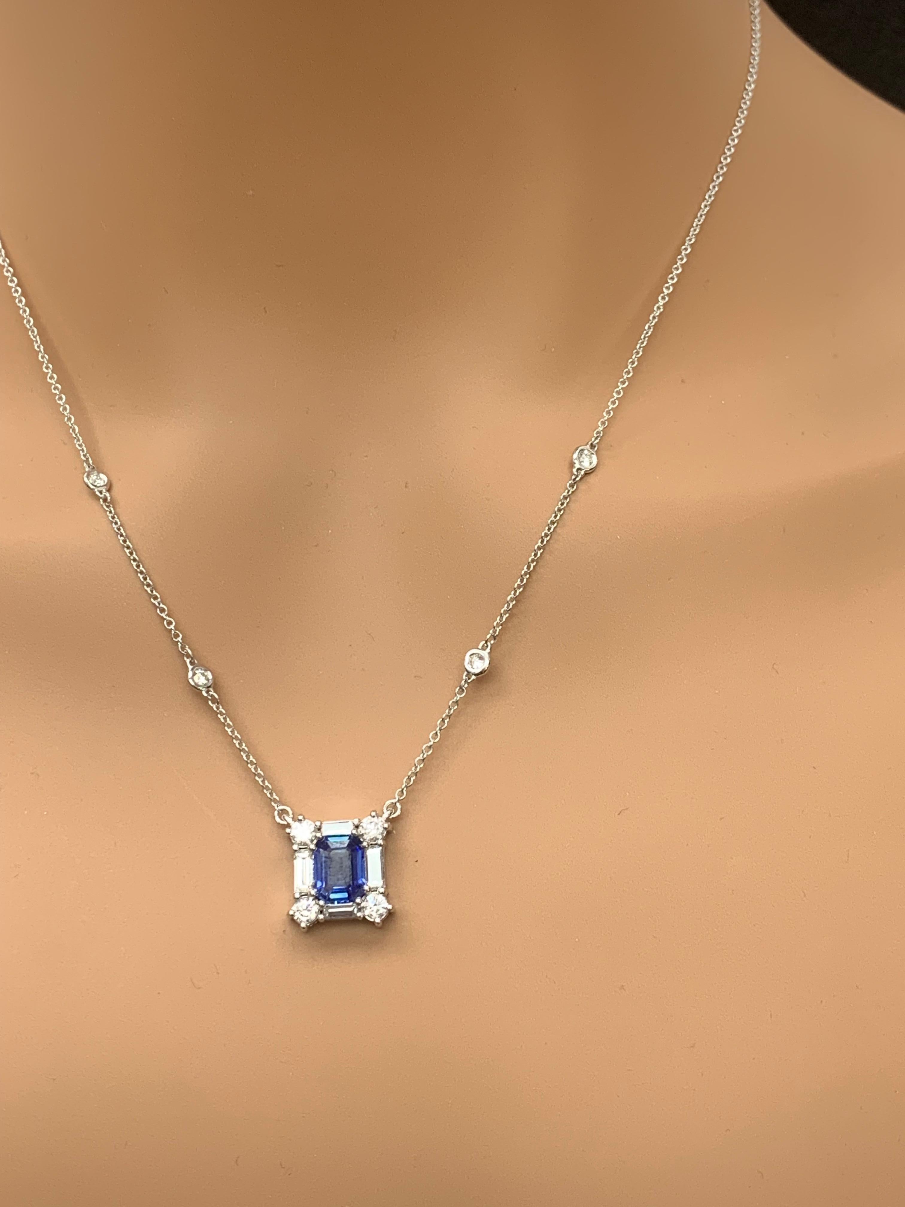 Women's 2.02 Carat Emerald Cut Sapphire and Diamond Pendant Necklace in 14K White Gold For Sale