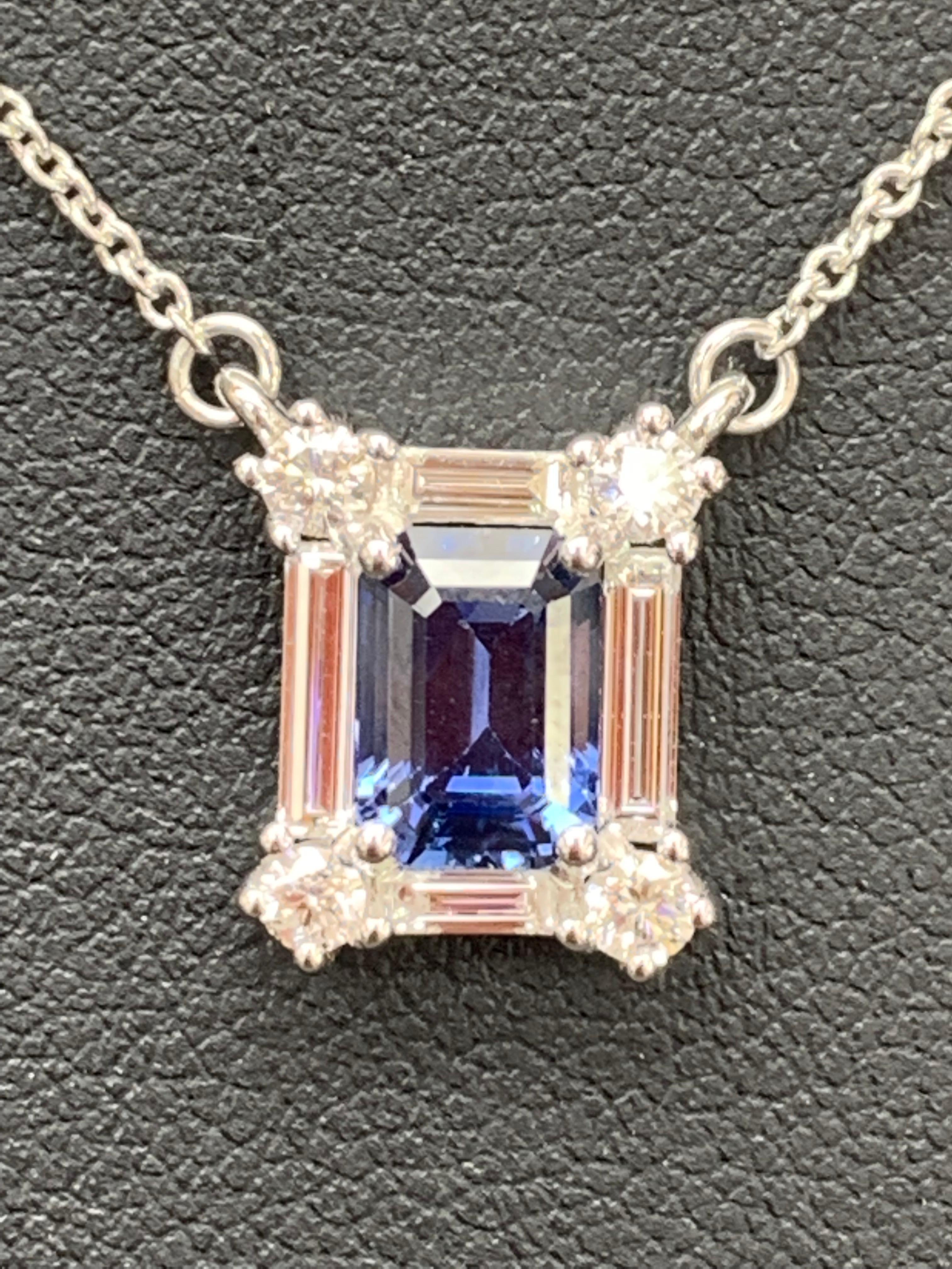 2.02 Carat Emerald Cut Sapphire and Diamond Pendant Necklace in 14K White Gold For Sale 1