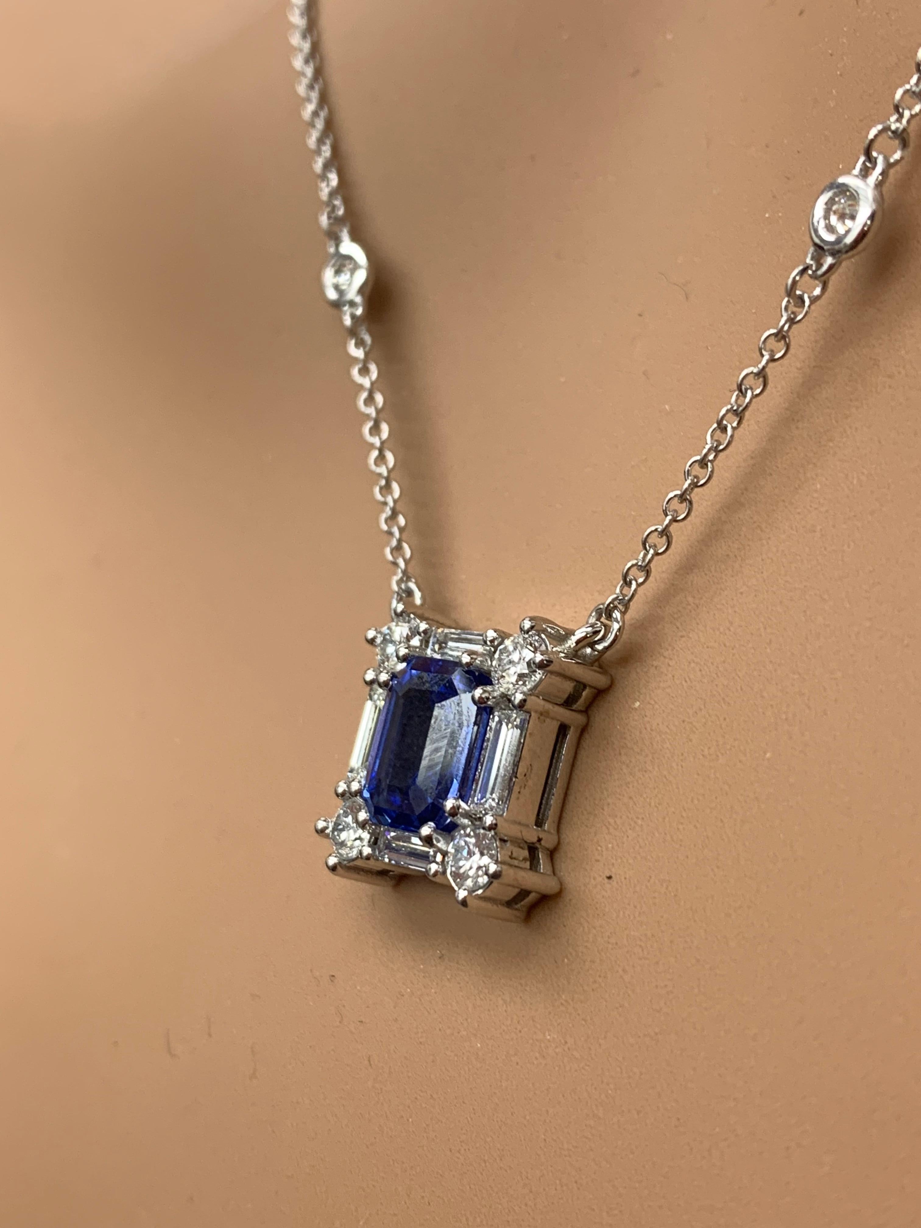 2.02 Carat Emerald Cut Sapphire and Diamond Pendant Necklace in 14K White Gold For Sale 4