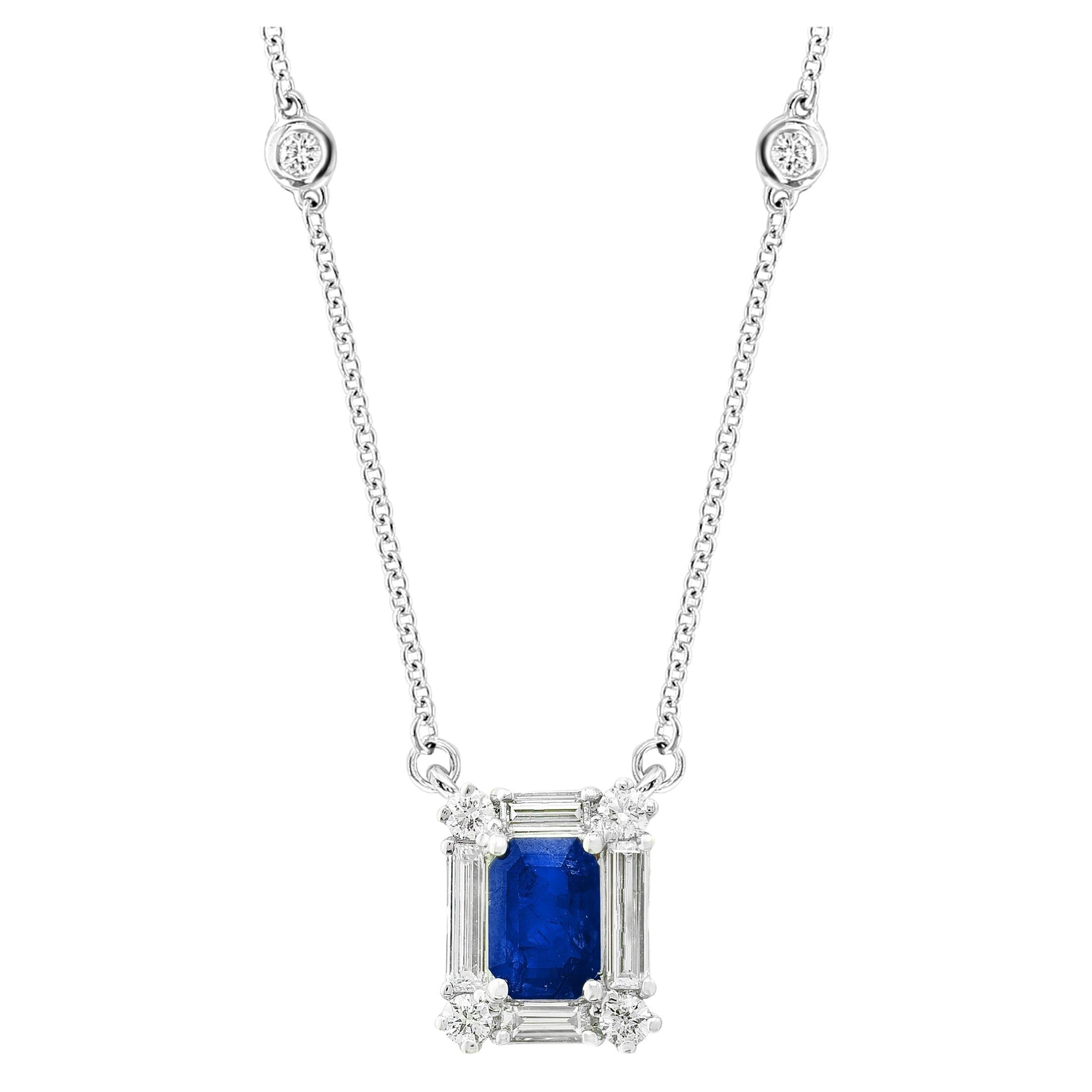 2.02 Carat Emerald Cut Sapphire and Diamond Pendant Necklace in 14K White Gold For Sale