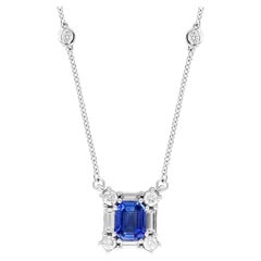 2.02 Carat Emerald Cut Sapphire and Diamond Pendant Necklace in 14K White Gold