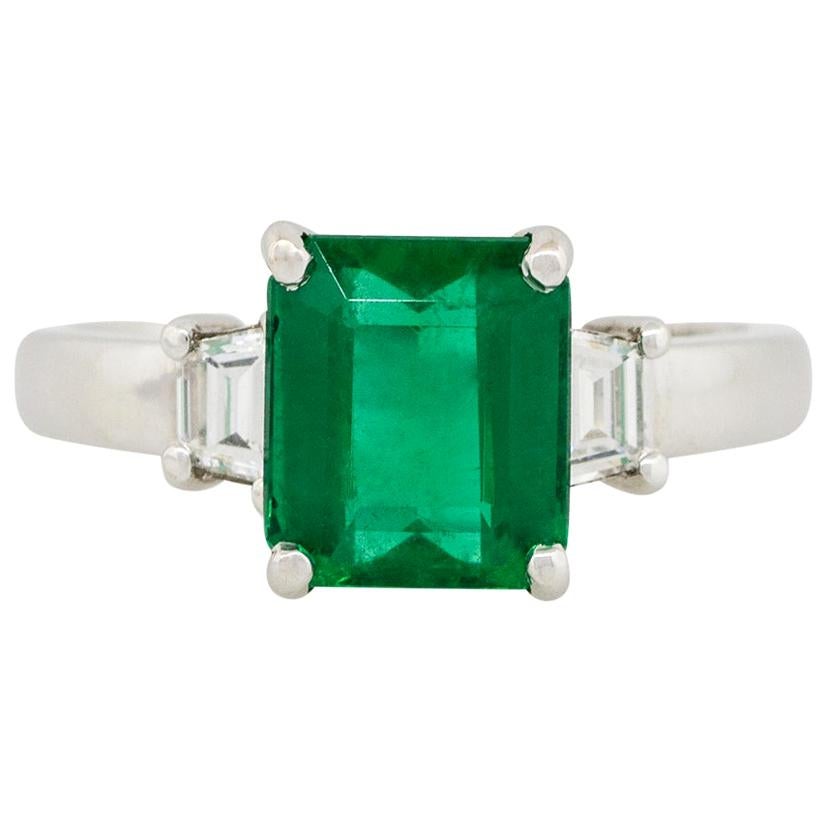 2.02 Carat Emerald Three-Stone Ring with Diamonds 18 Karat in Stock