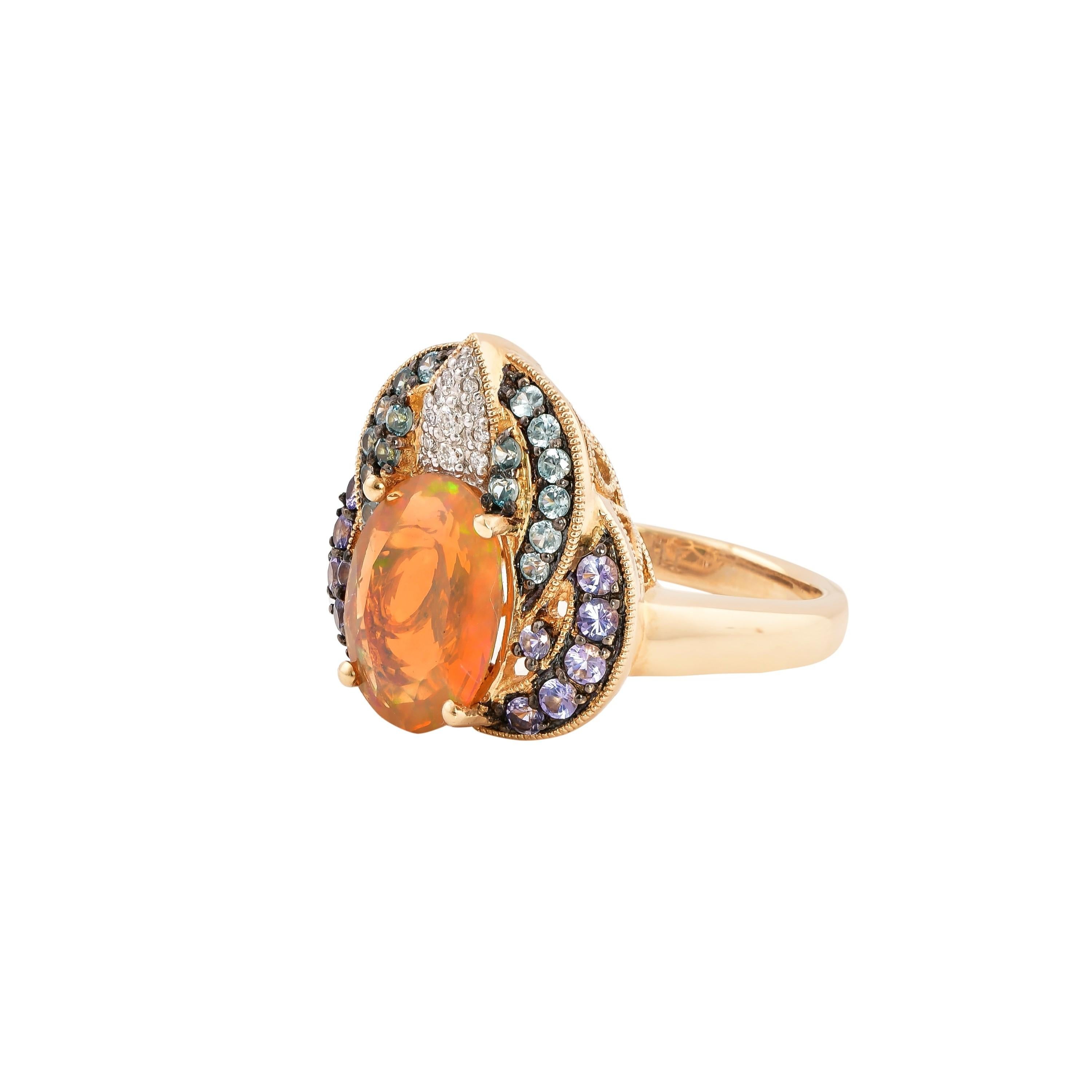 Contemporary 2.02 Carat Ethiopian Opal Ring in 14 Karat Yellow Gold with Diamonds For Sale
