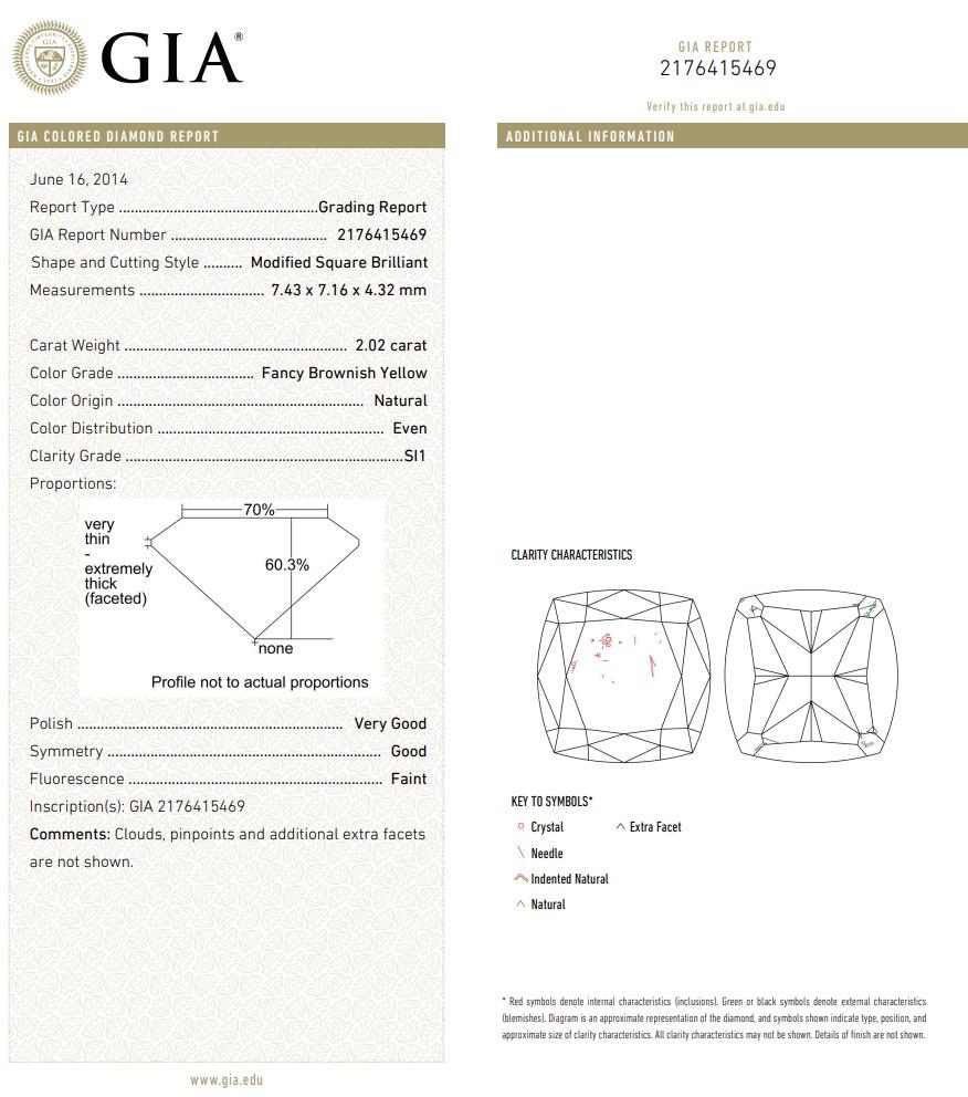 2.02 Carat Fancy Brownish Yellow Diamond Ring SI1 Clarity GIA Certified For Sale 3
