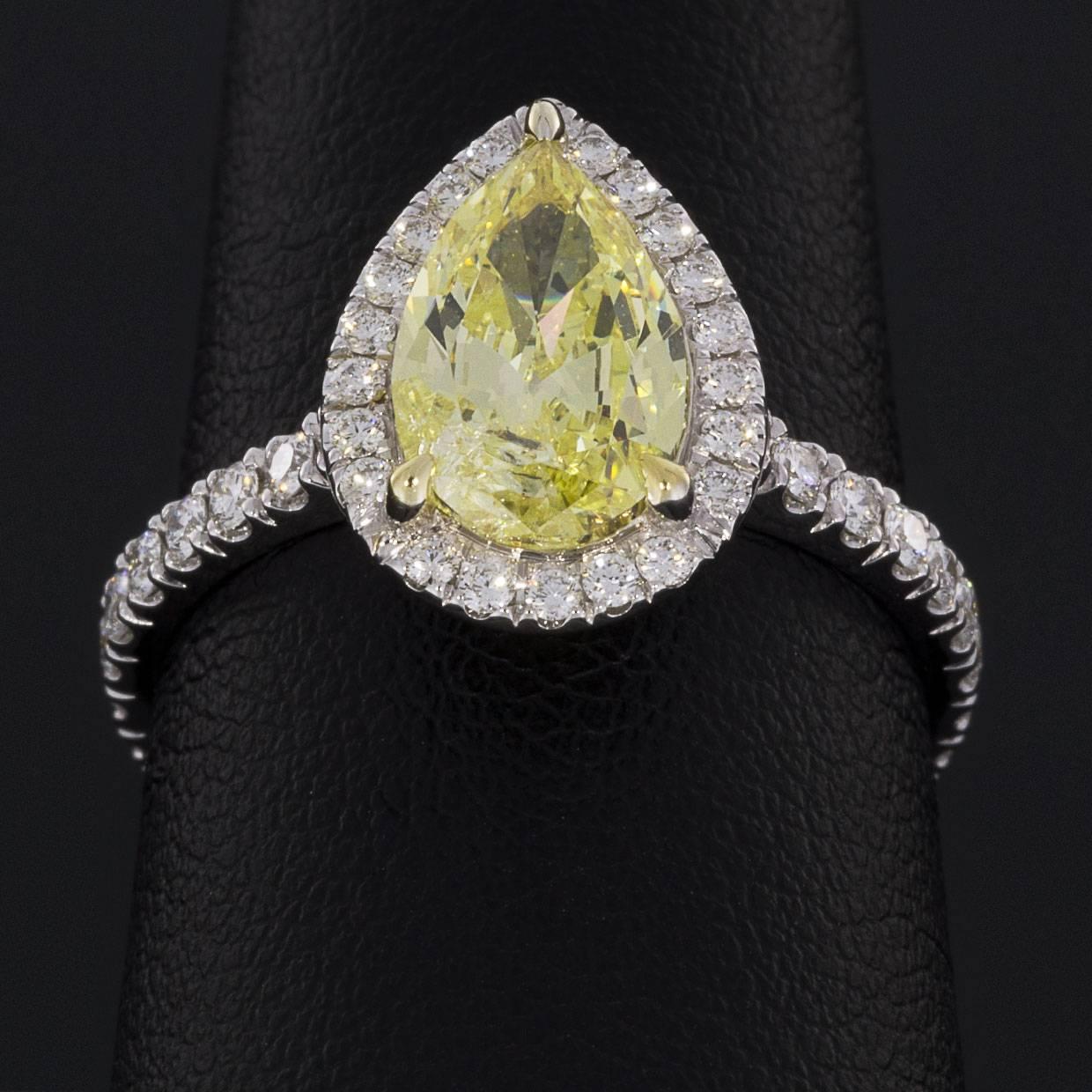 Women's 2.02 Carat Fancy Intense Yellow Pear Diamond Halo Engagement Ring