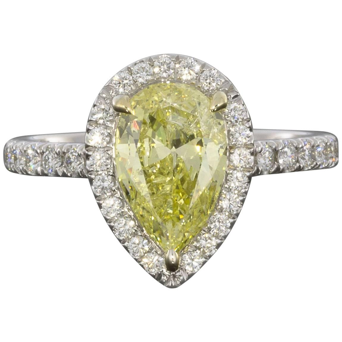 2.02 Carat Fancy Intense Yellow Pear Diamond Halo Engagement Ring