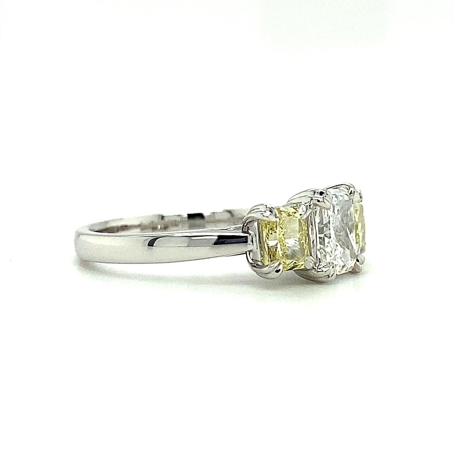 Radiant Cut 2.02 Carat Fancy Yellow and White Diamond 18 Carat White Gold Engagement Ring For Sale
