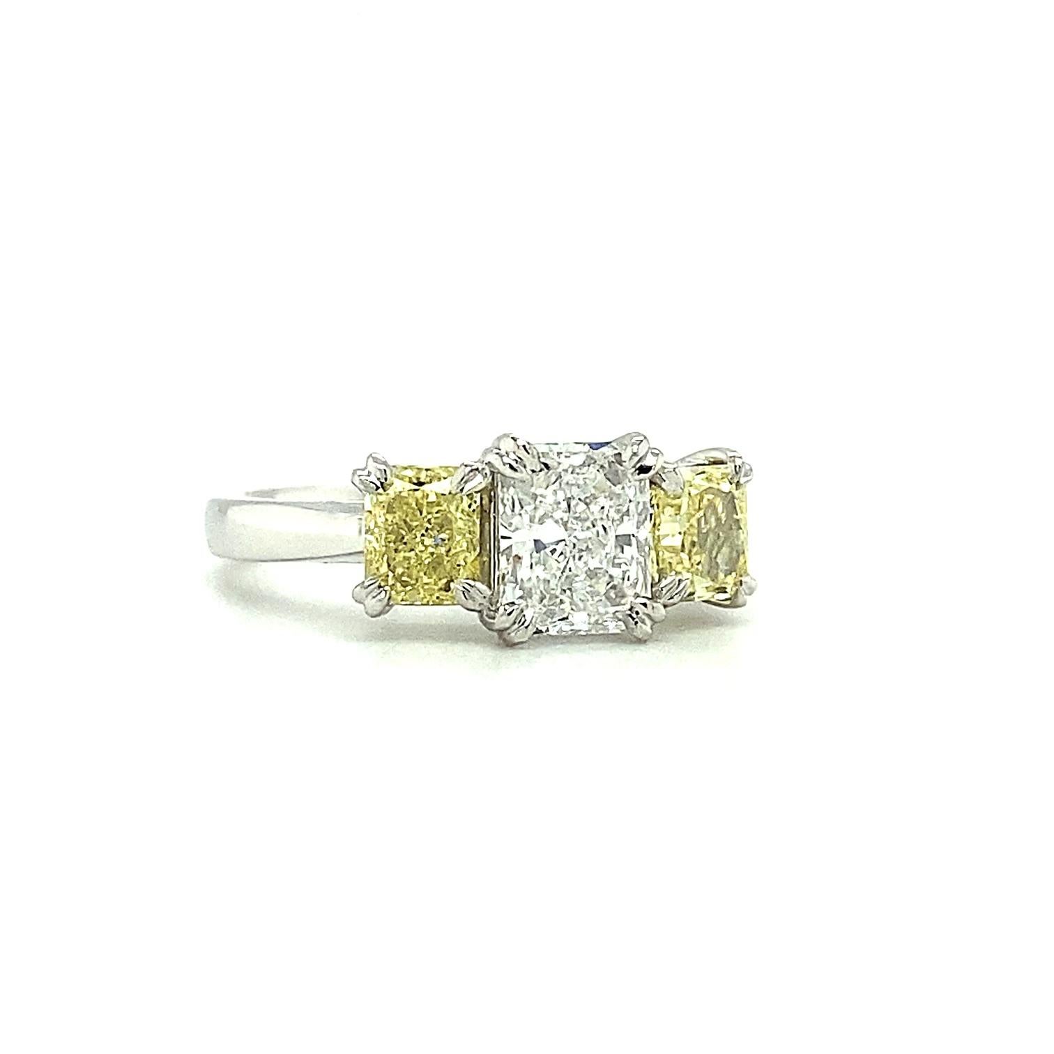 Women's 2.02 Carat Fancy Yellow and White Diamond 18 Carat White Gold Engagement Ring For Sale
