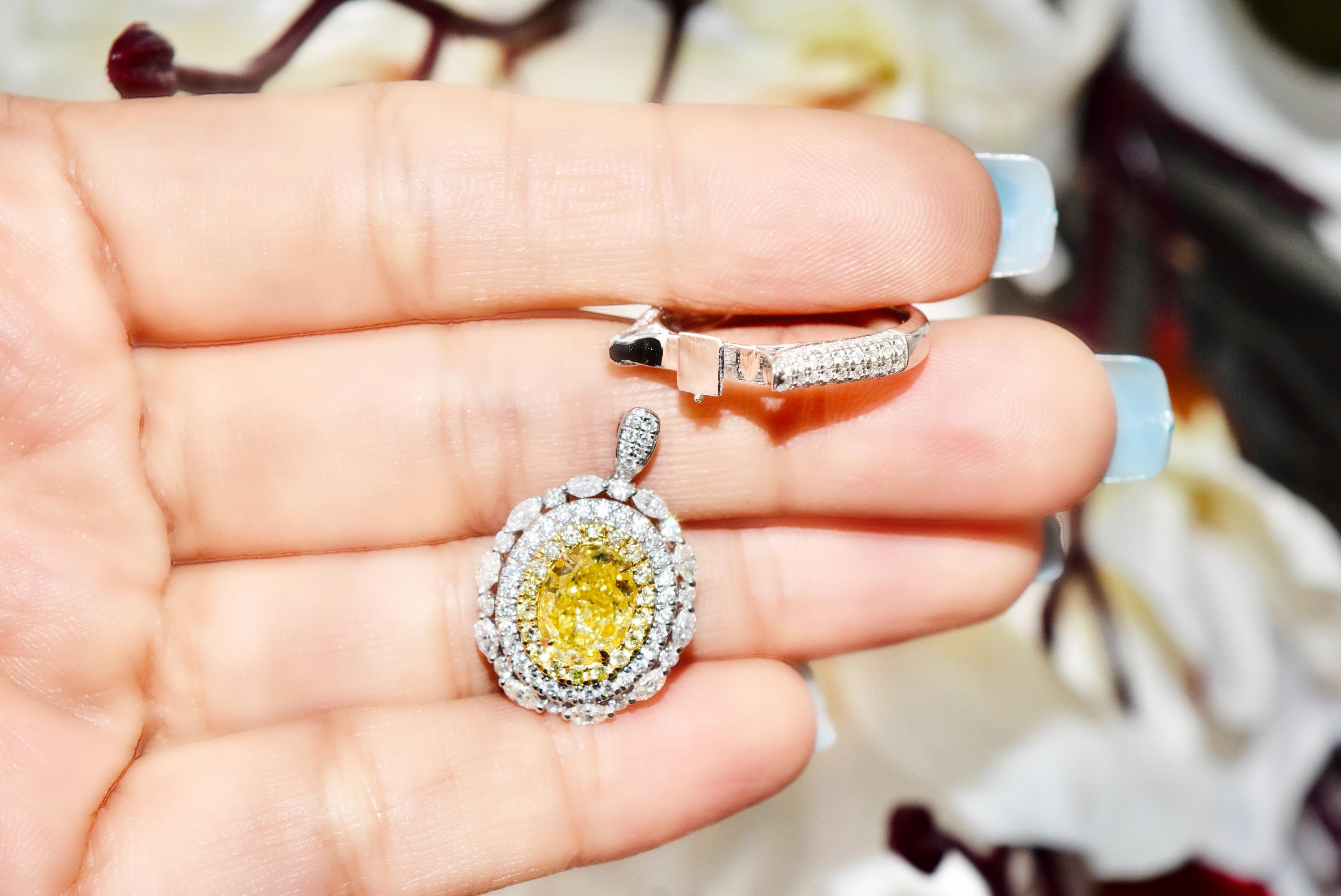 **100% NATURAL FANCY COLOUR DIAMOND JEWELRY**

✪ Jewelry Details ✪

♦ MAIN STONE DETAILS

➛ Stone Shape: Oval 
➛ Stone Color: Fancy Yellow
➛ Stone Weight: 2.02 carat
➛ Clarity: I2
➛ GIA certified

♦ SIDE STONE DETAILS

➛ Side White Diamonds - 114