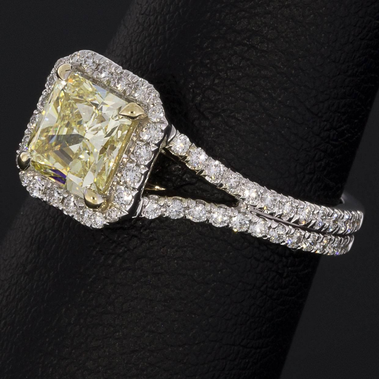 2.02 Carat Fancy Yellow Radiant Diamond Split Shank Halo Engagement Ring In New Condition In Columbia, MO