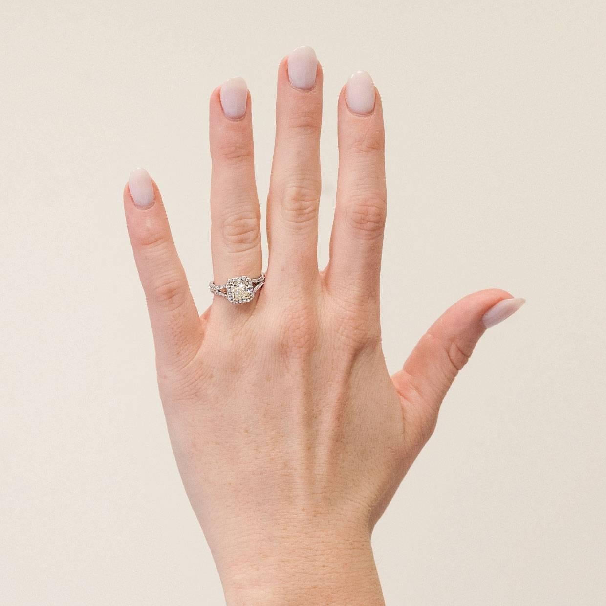 Women's 2.02 Carat Fancy Yellow Radiant Diamond Split Shank Halo Engagement Ring