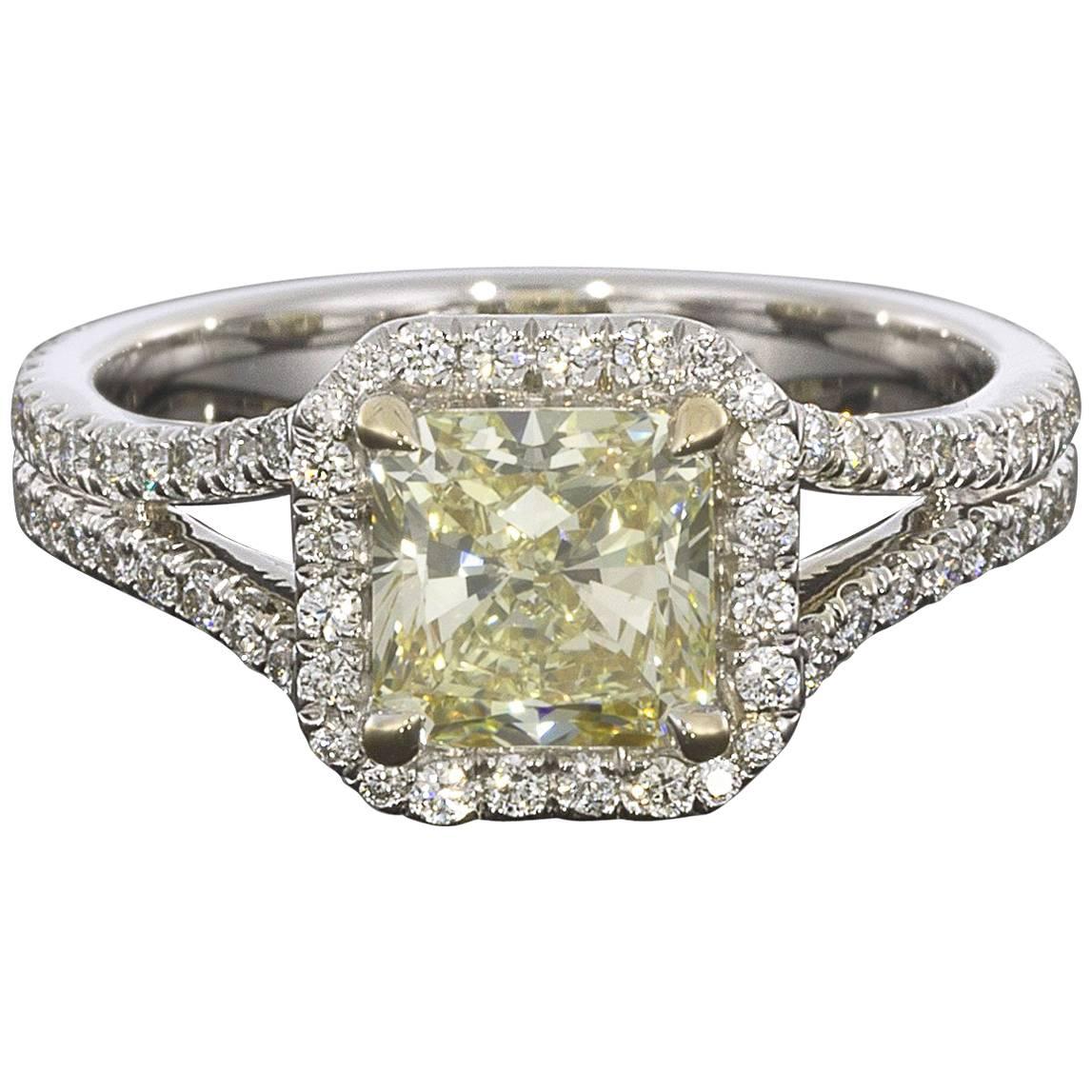 2.02 Carat Fancy Yellow Radiant Diamond Split Shank Halo Engagement Ring