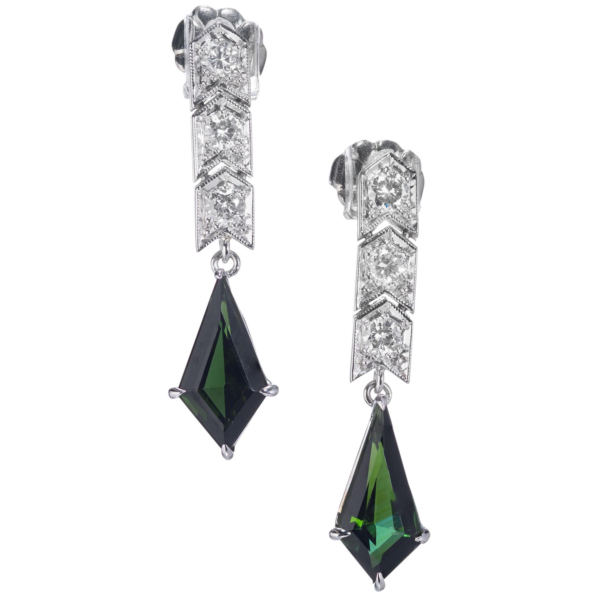 2.02 Carat Green Tourmaline Diamond Platinum Dangle Earrings For Sale