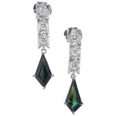 2.02 Carat Green Tourmaline Diamond Platinum Dangle Earrings