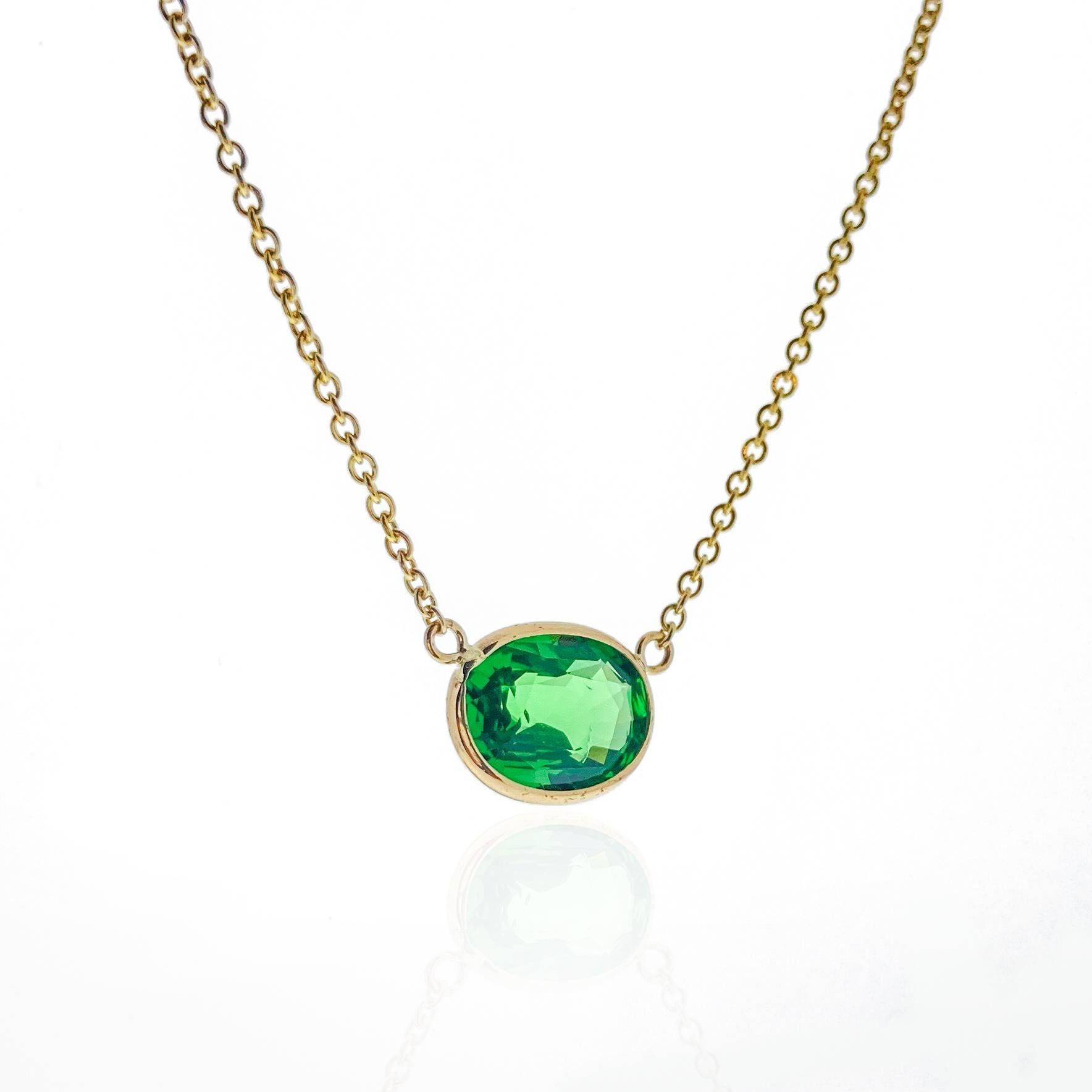 Contemporary 2.02 Carat Green Tsavorite Oval Cut Fashion Necklaces In 14K Yellow Gold  For Sale