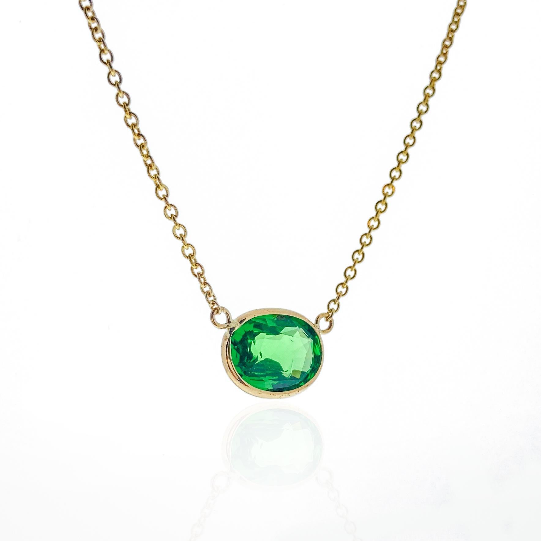 Contemporary 2.02 Carat Green Tsavorite Oval Cut Fashion Necklaces In 14K Yellow Gold For Sale