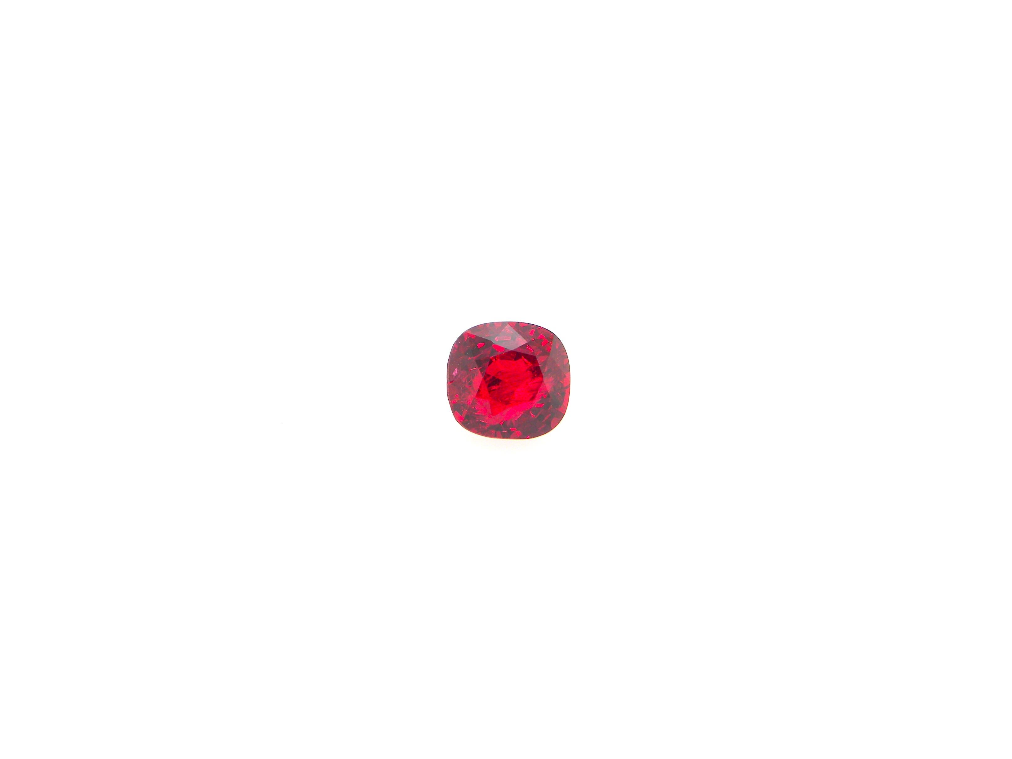 2.02 Carat GRS Certified Cushion-Cut Burma No Heat Vivid Red Spinel:

A gorgeous gem, it is a 2.02 carat GRS certified unheated vivid red Burmese spinel. Hailing from the historic Mogok mines in Burma, the spinel possesses a pure vivid red colour