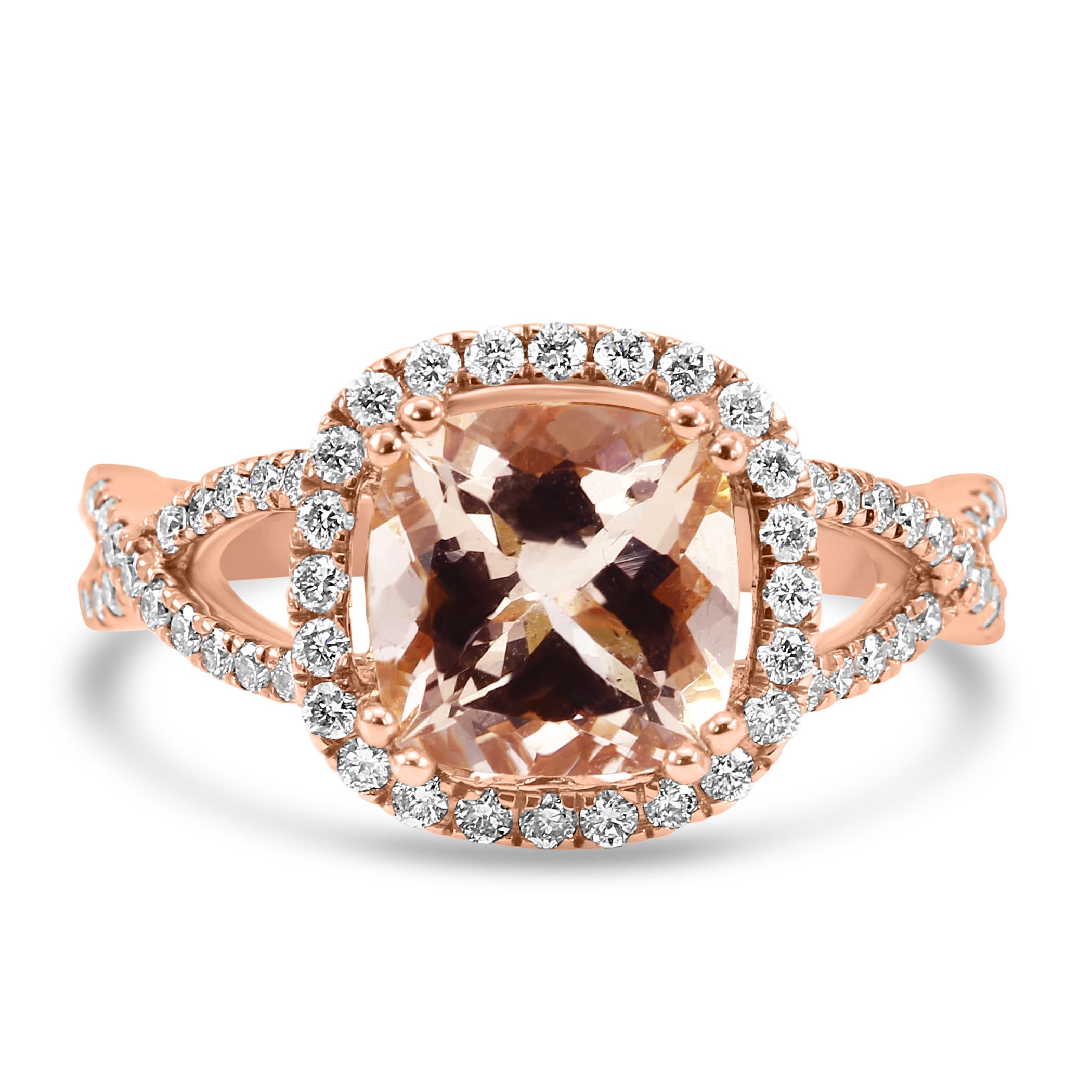 The centerpiece of this enchanting ring is the Morganite, selected for its exquisite peachy-pink hue and size. Morganite is the known as the stone for love and tenderness, weighing 2.02 carats, this Morganite captures the essence of a romantic