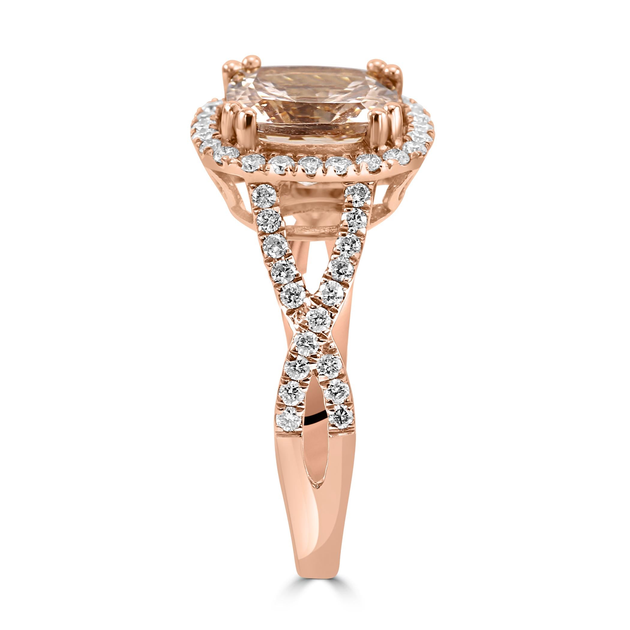 Cushion Cut 2.02 Carat Morganite White Diamond Round 14 Karat Rose Gold Engagement Ring For Sale
