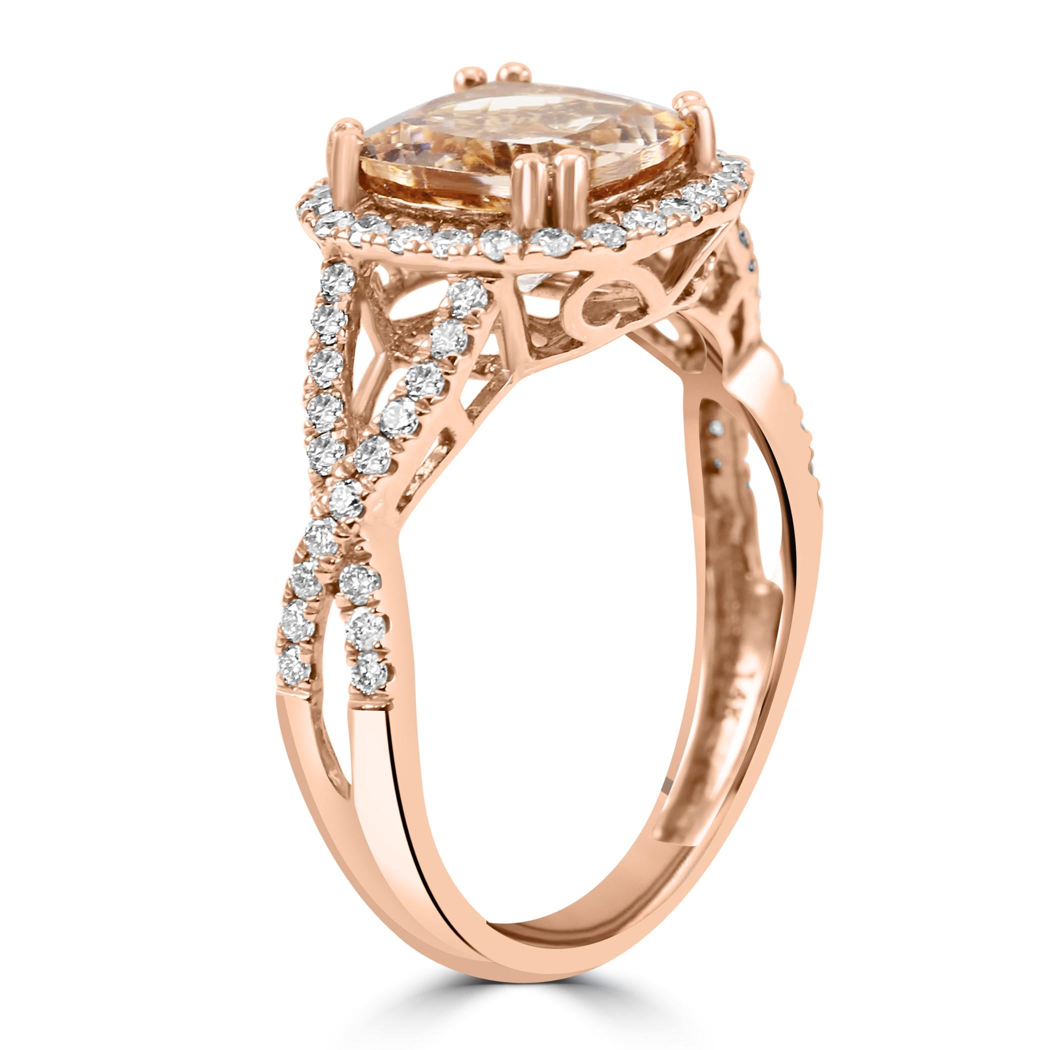 2.02 Carat Morganite White Diamond Round 14 Karat Rose Gold Engagement Ring In New Condition For Sale In New York, NY
