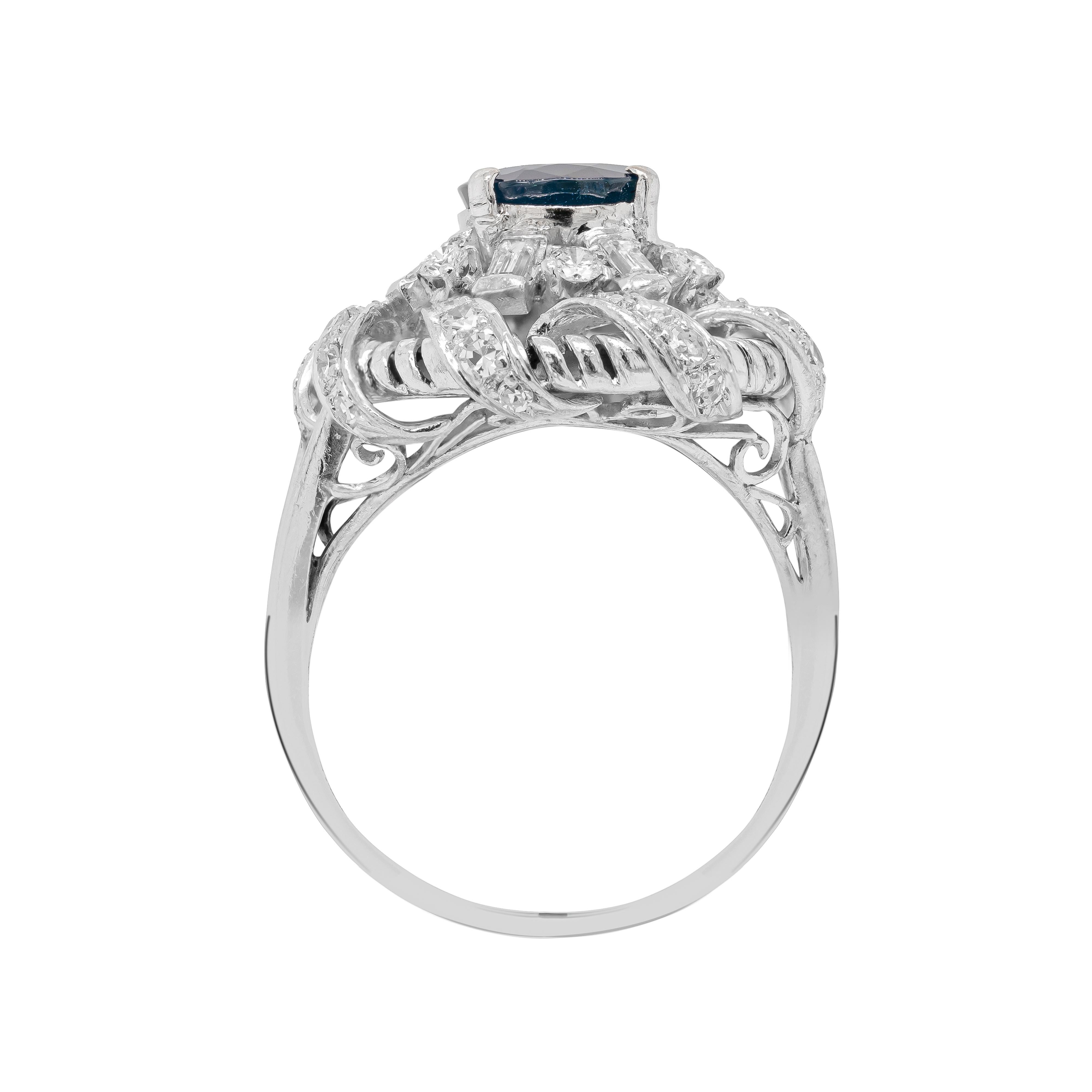 Retro 2.02ct Natural Unheated Blue Sapphire and Diamond Platinum Cluster Cocktail Ring For Sale