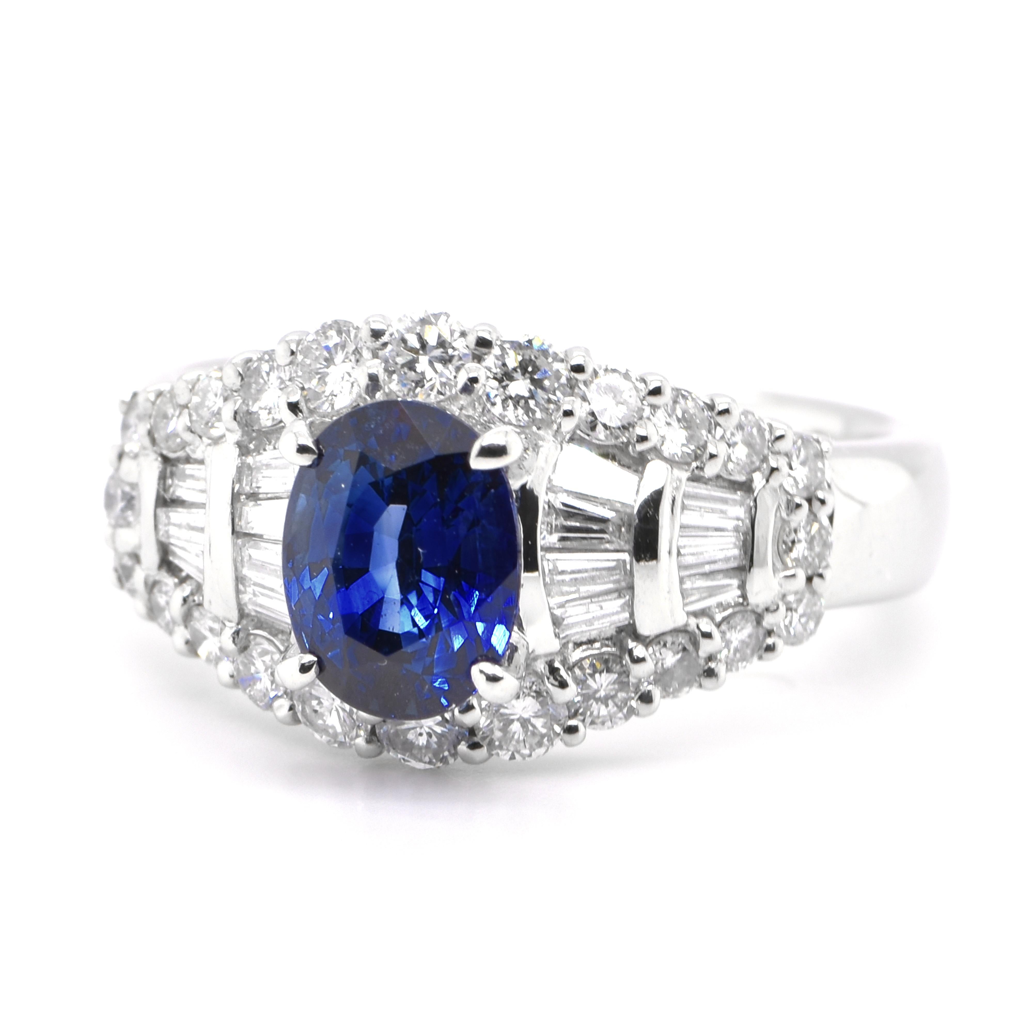 A beautiful Art Deco style ring featuring a 2.02 Carat Natural Blue Sapphire and 0.91 Carats Diamond Accents set in Platinum. Sapphires have extraordinary durability - they excel in hardness as well as toughness and durability making them very