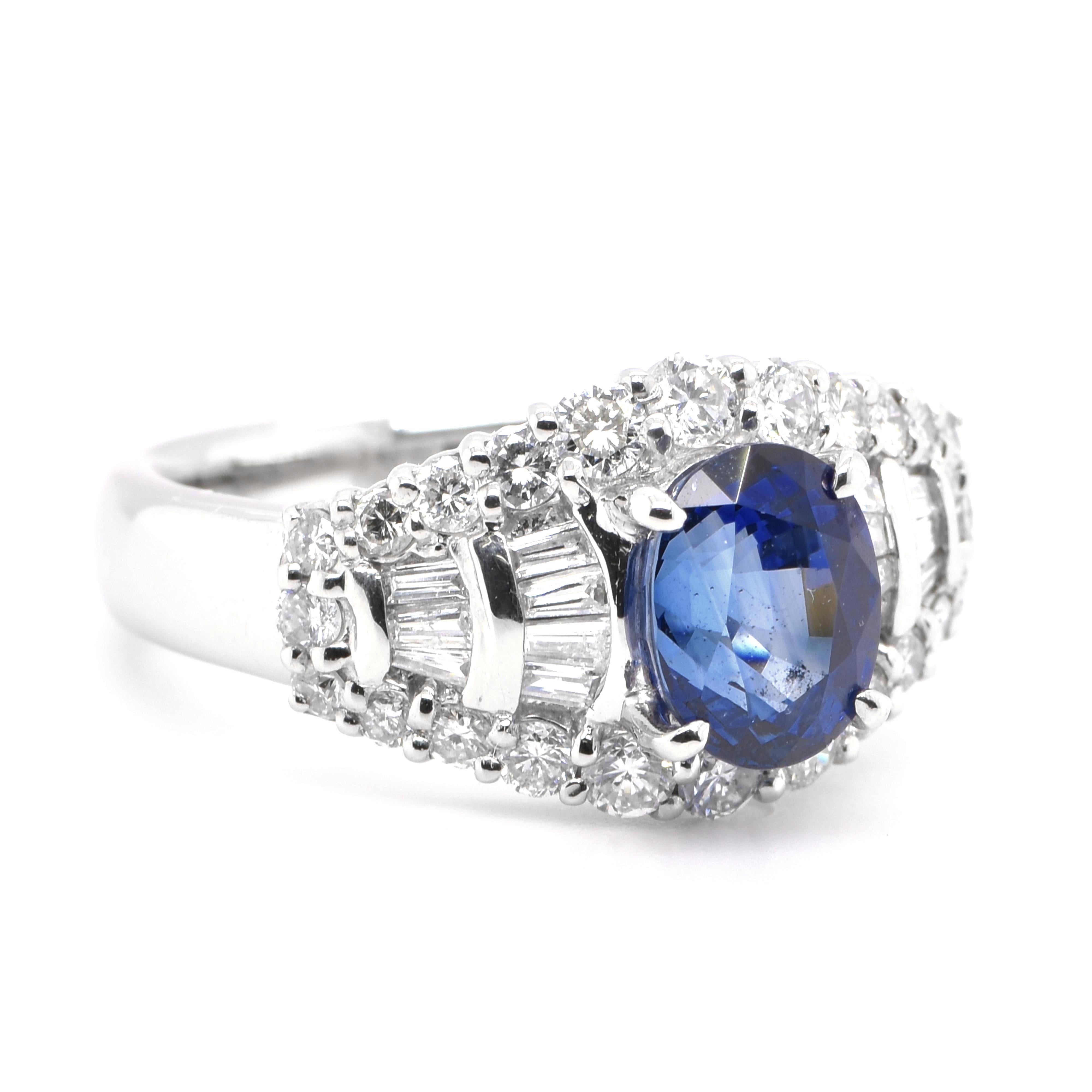 Oval Cut 2.02 Carat Natural Sapphire and Diamond Art Deco Style Ring Set in Platinum