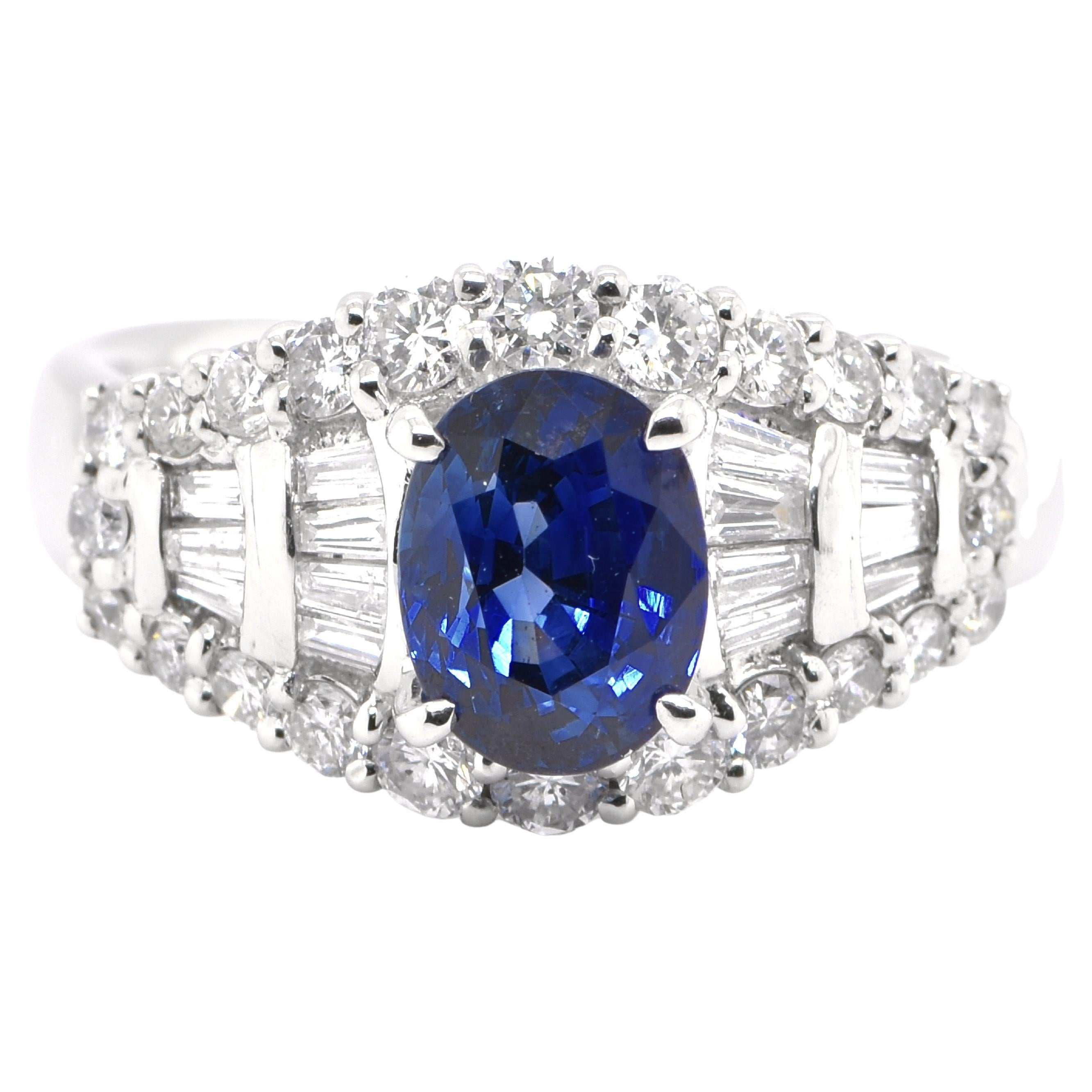 2.02 Carat Natural Sapphire and Diamond Art Deco Style Ring Set in Platinum
