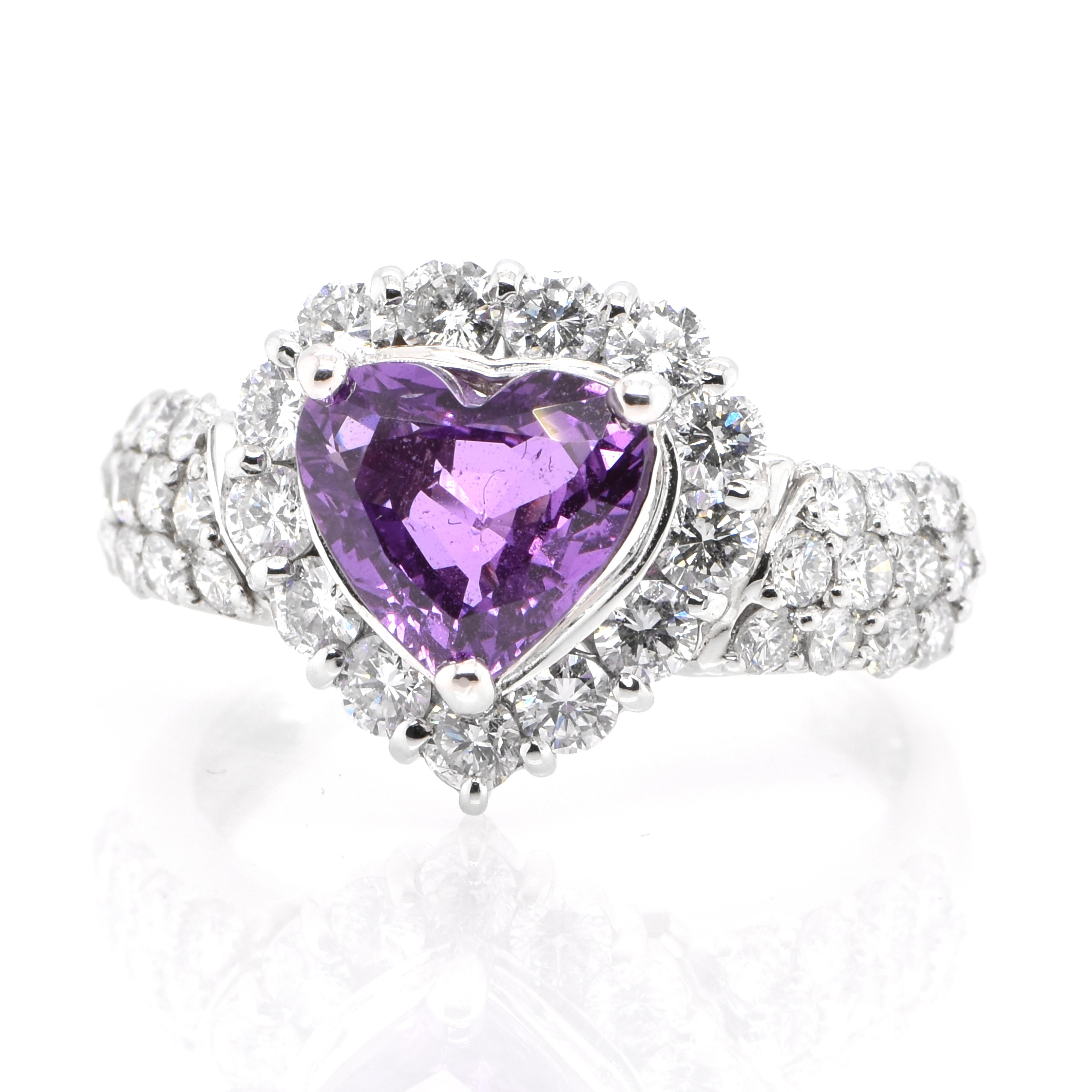 Heart Cut 2.02 Carat Natural, Un-Heated Purple Sapphire and Diamond Ring Set in Platinum