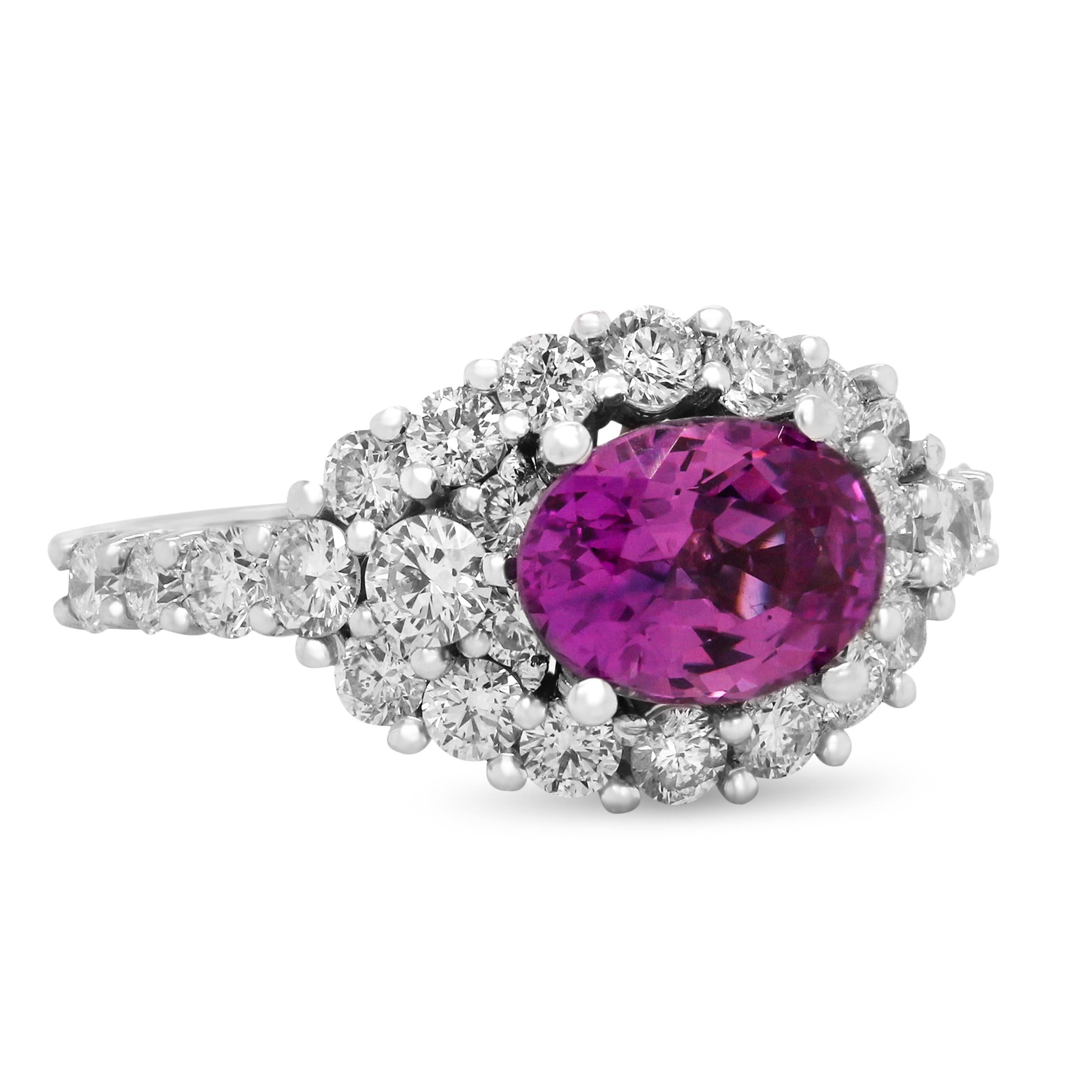 2.02 Carat Oval Bubble Gum Pink Sapphire 14K White Gold Diamond Cocktail Ring

This one-of-a-kind ring showcases a pink sapphire center, oval-cut, that is truly remarkable in color. The Sapphire has the bubble gum color that is typically seen in