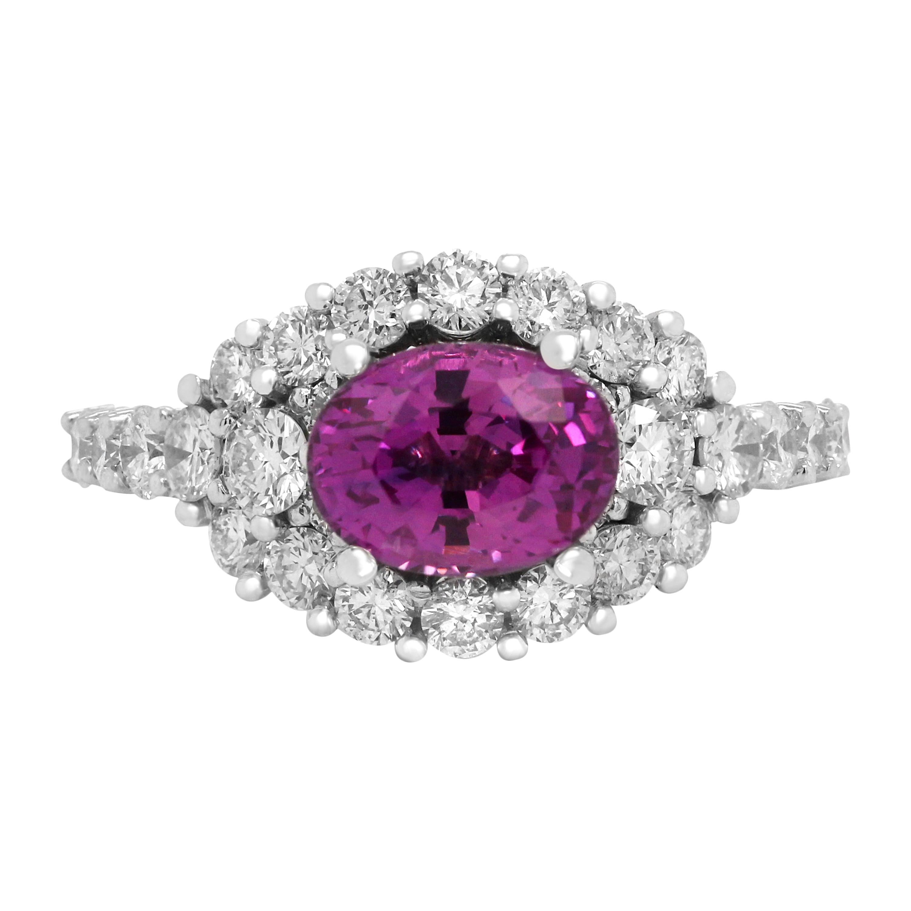 2.02 Carat Oval Bubble Gum Pink Sapphire 14k White Gold Diamond Cocktail Ring For Sale