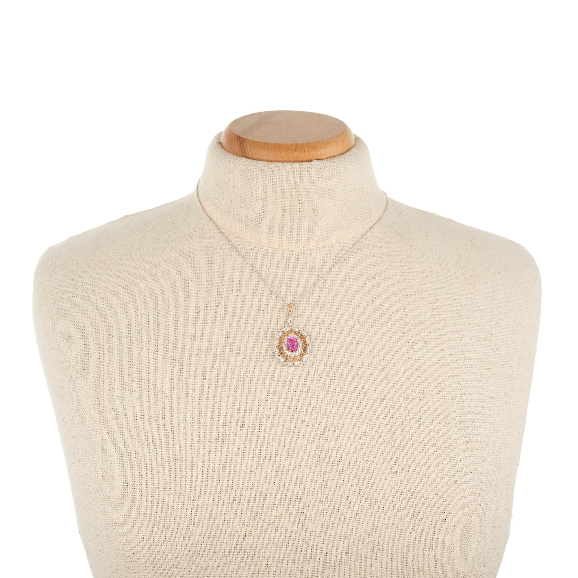2.02 Carat Pink Sapphire Diamond Gold Pendant Necklace For Sale 1