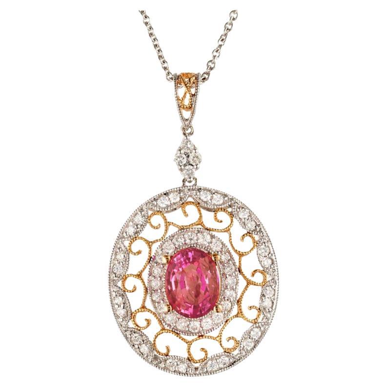 2.02 Carat Pink Sapphire Diamond Gold Pendant Necklace For Sale