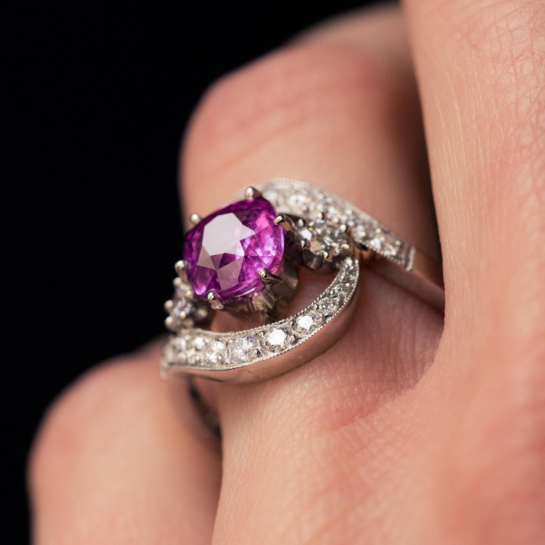 Cushion Cut 2.02 Carat Pink Sapphire Diamonds 18 Karat White Gold Platinum Swirl Ring