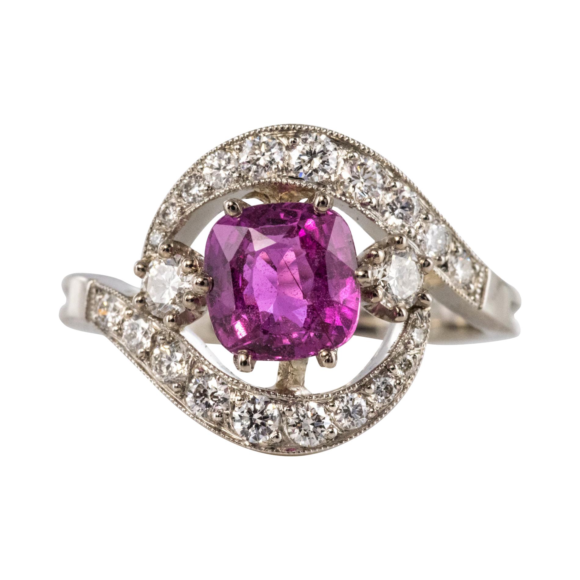 2.02 Carat Pink Sapphire Diamonds 18 Karat White Gold Platinum Swirl Ring