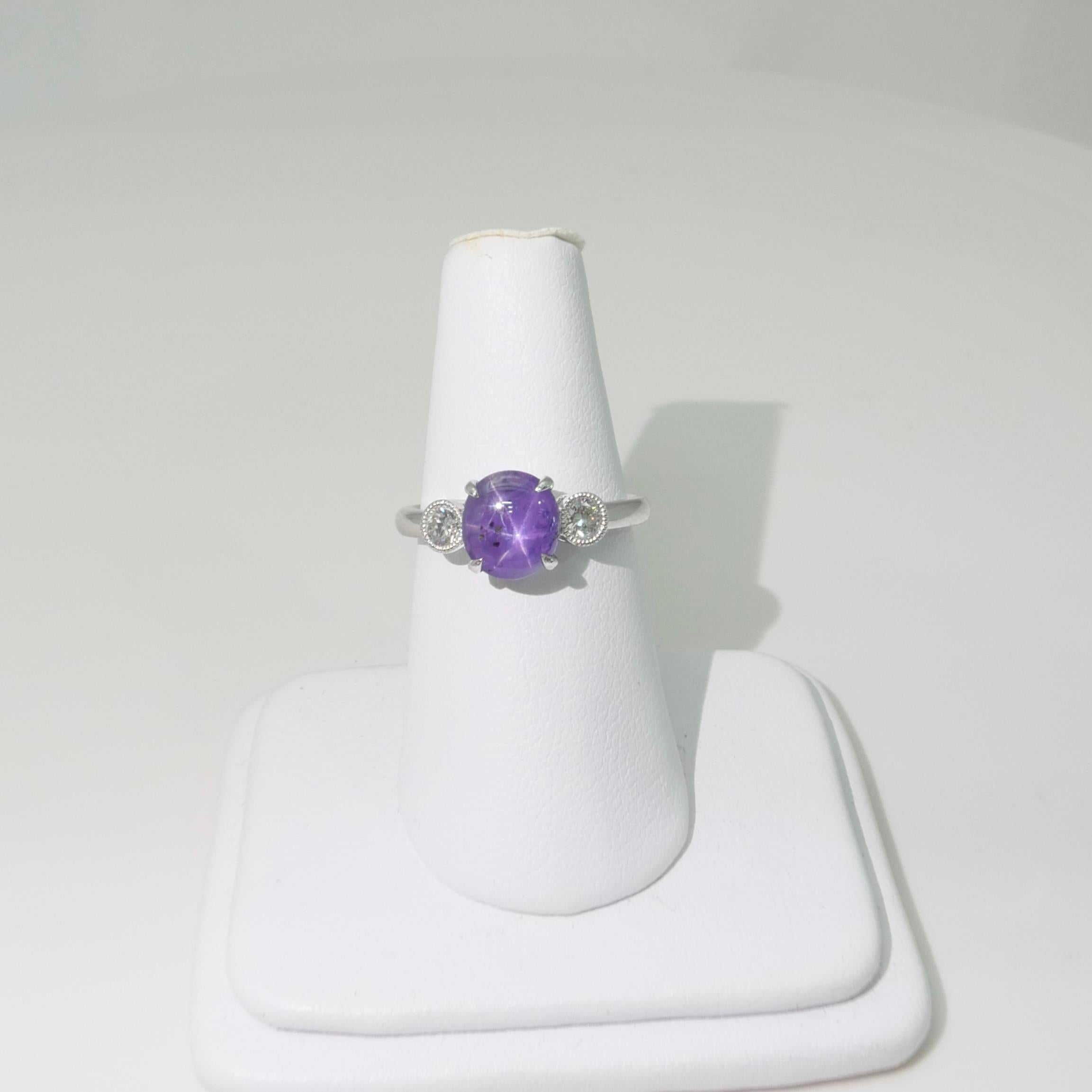 2.02 Carat Purple Star Sapphire & Diamond Ring, Excellent Color & Transparency For Sale 2