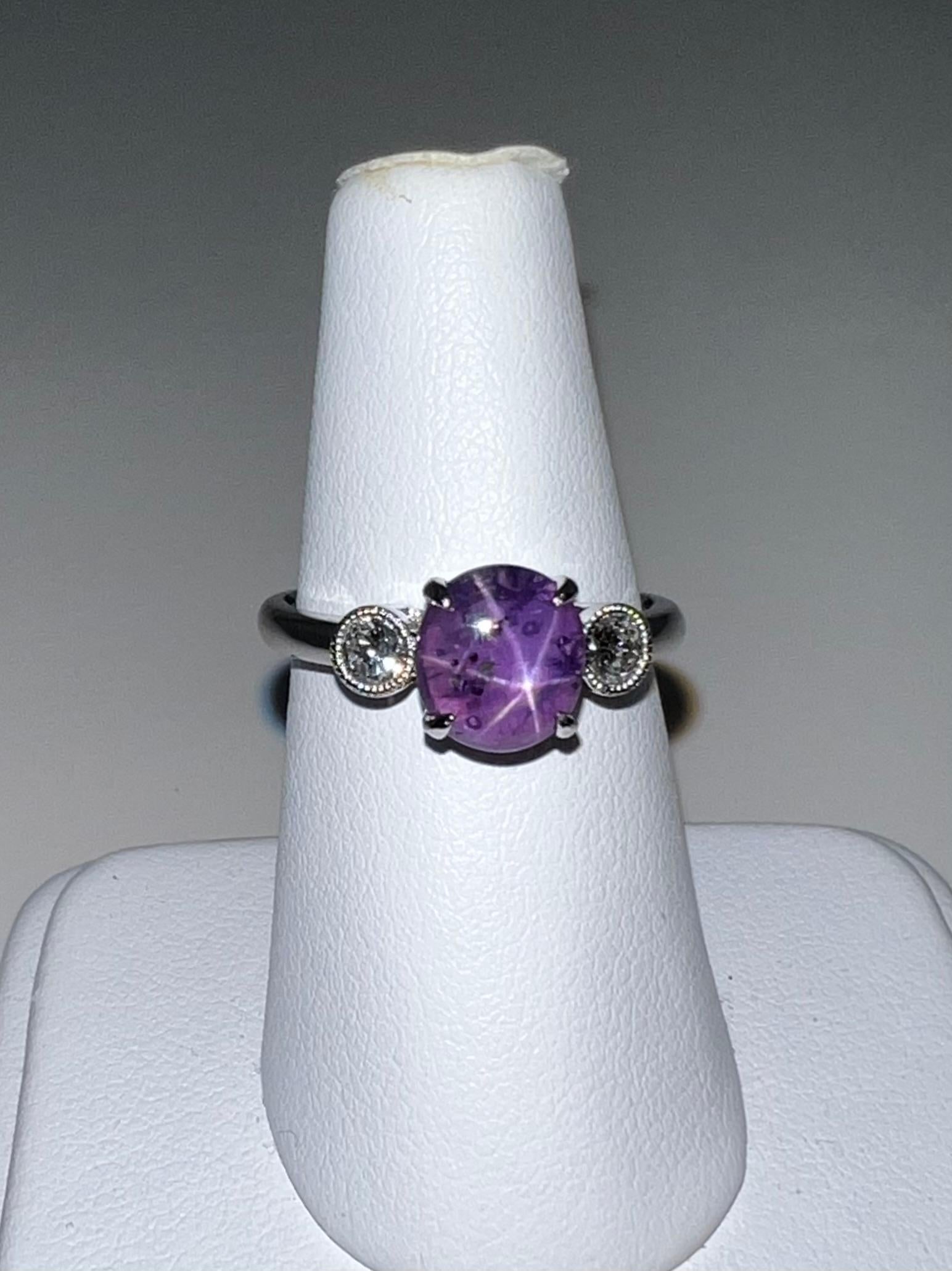 2.02 Carat Purple Star Sapphire & Diamond Ring, Excellent Color & Transparency For Sale 5