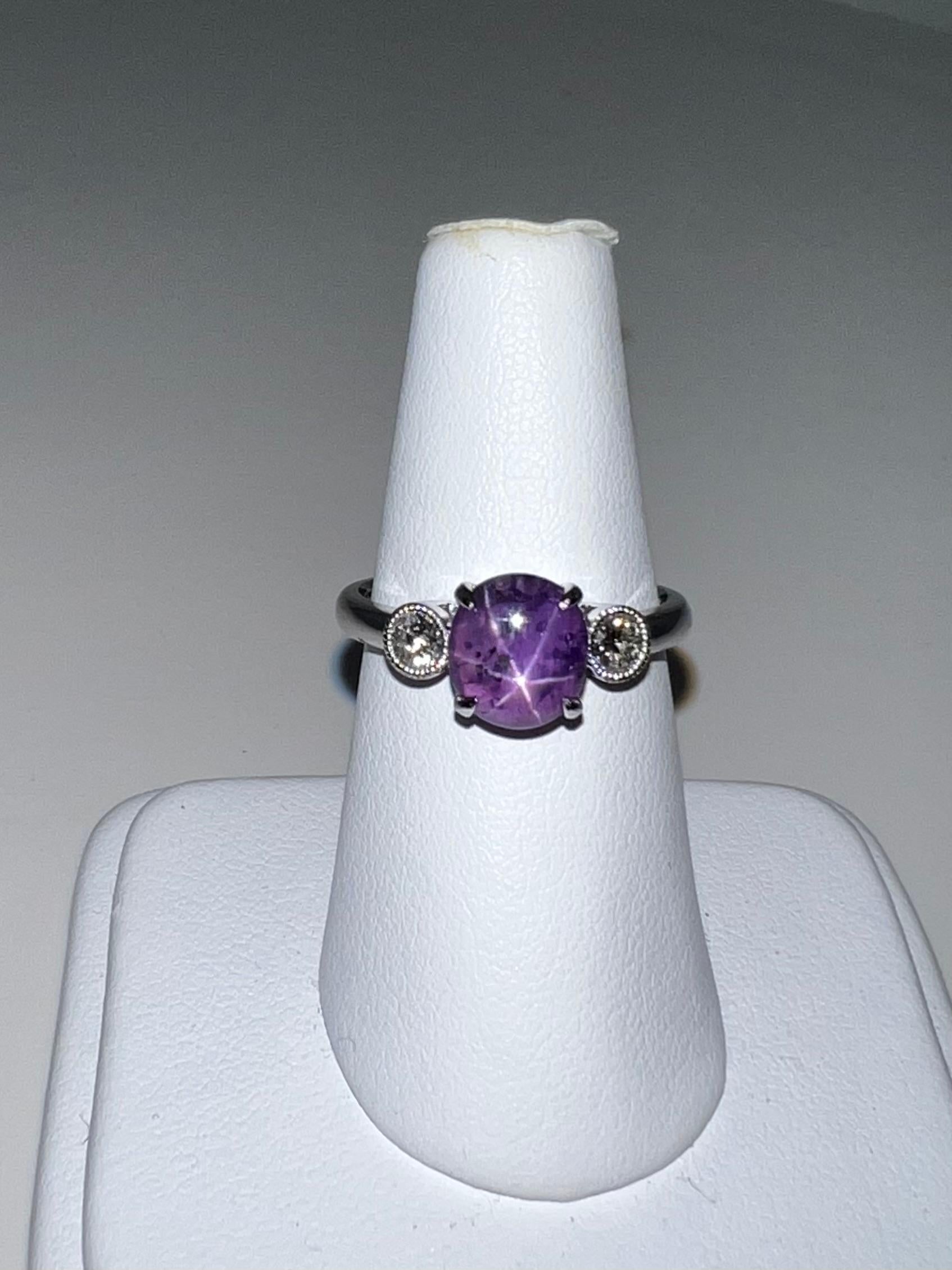 2.02 Carat Purple Star Sapphire & Diamond Ring, Excellent Color & Transparency For Sale 1