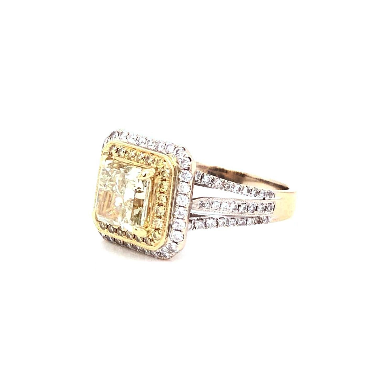 Modernist 2.02 Carat Radian Cut Fancy Yellow Diamond Ring with White Diamond Side Stones