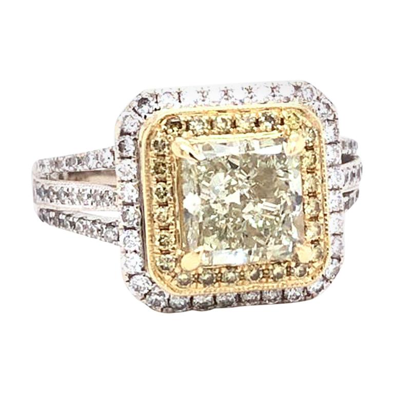 2.02 Carat Radian Cut Fancy Yellow Diamond Ring with White Diamond Side Stones
