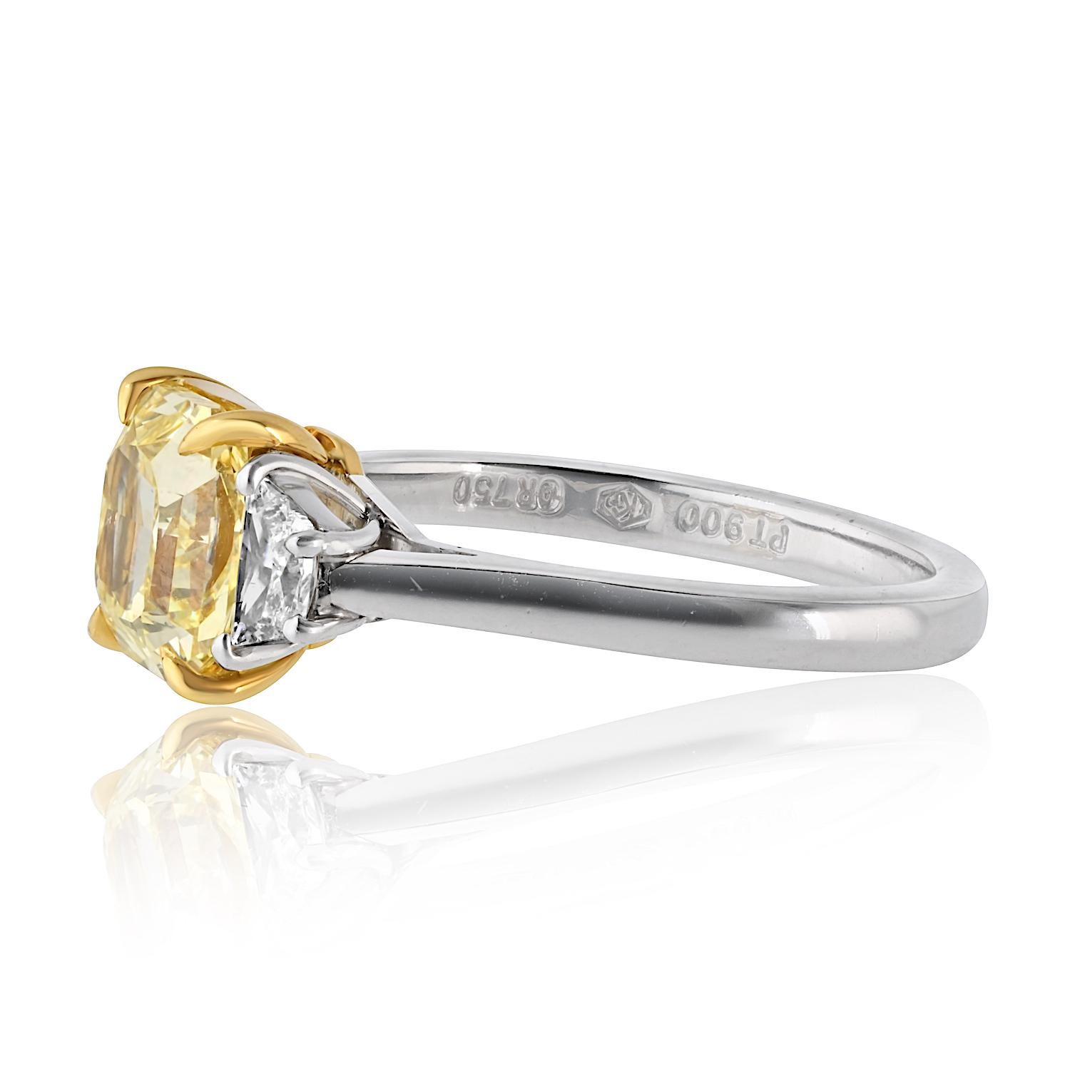 Modern 2.02 Carat Radiant Cut Fancy Intense Yellow Three-Stone Diamond Engagement Ring For Sale