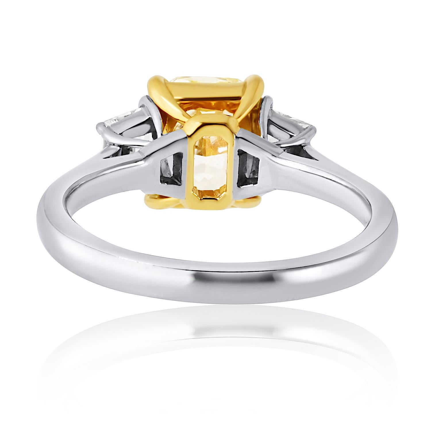 Women's 2.02 Carat Radiant Cut Fancy Intense Yellow Three-Stone Diamond Engagement Ring For Sale