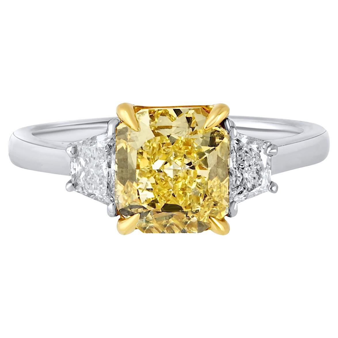 2.02 Carat Radiant Cut Fancy Intense Yellow Three-Stone Diamond Engagement Ring