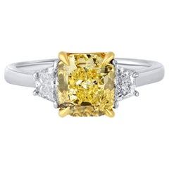 2.02 Carat Radiant Cut Fancy Intense Yellow Three-Stone Diamond Engagement Ring