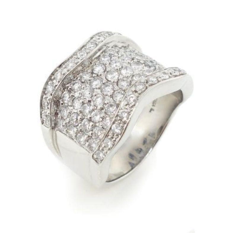 Diamond ring containing 66 round brilliant cut diamonds of about 2.02 carats with a clarity of VS and color H. All diamonds are set in 14k white gold. The total weight of the ring is approximately 10.78 grams.

Measurements: (W) 15.24 top to 6.00