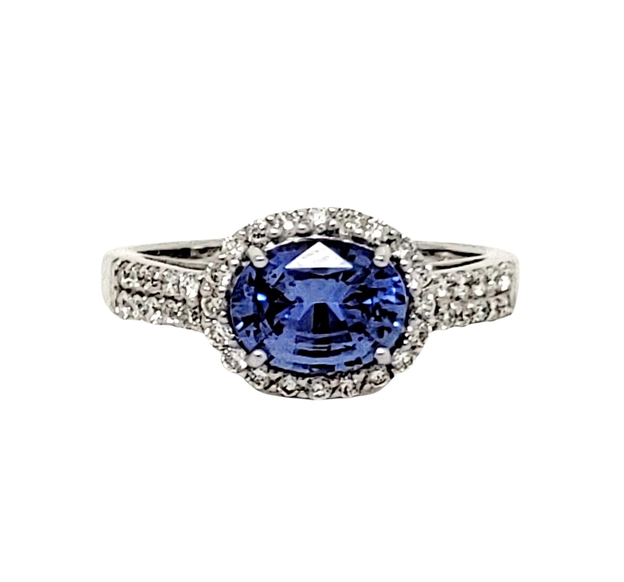 Contemporary 2.02 Carat Total Oval Ceylon Sapphire and Diamond Band Ring 18 Karat White Gold For Sale