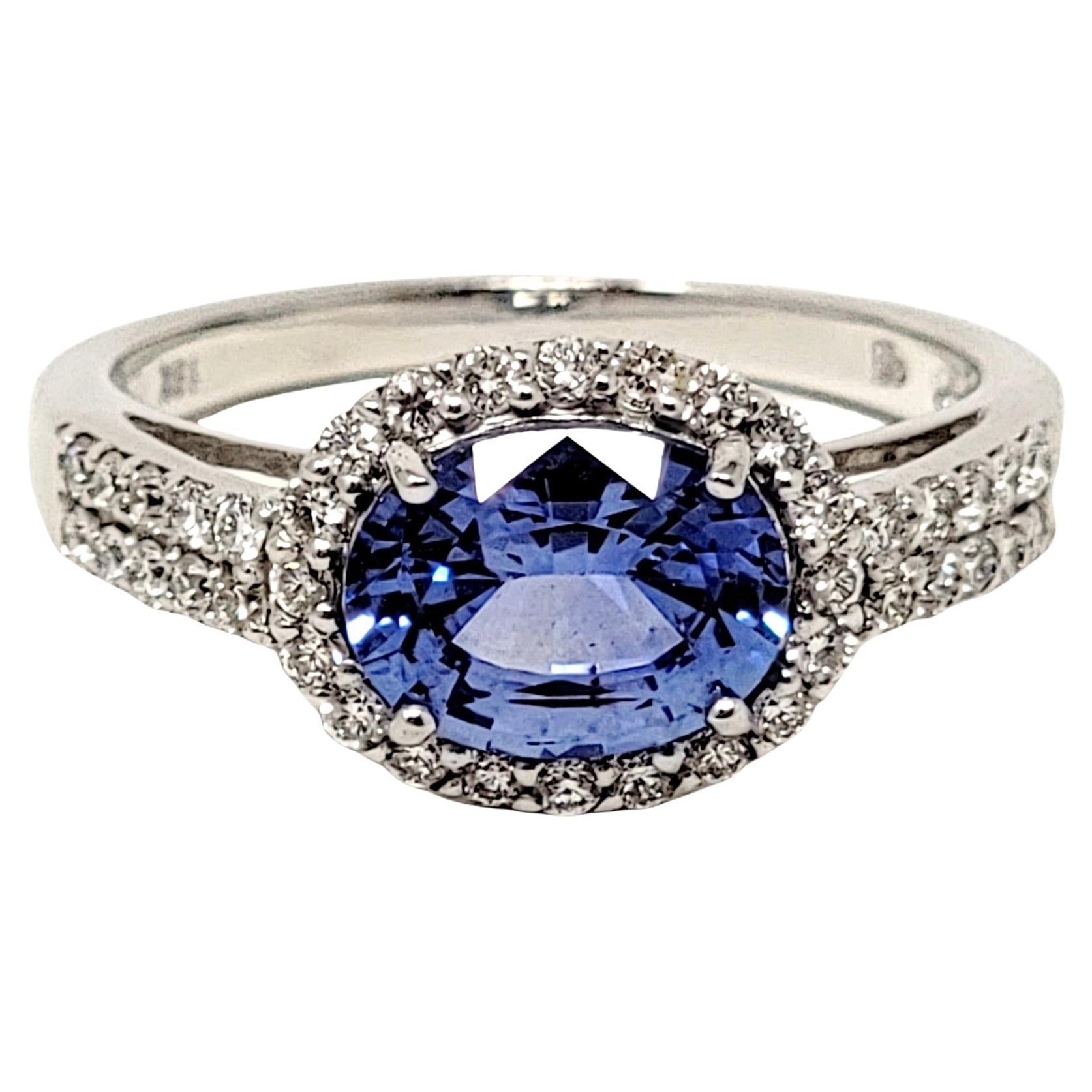 2.02 Carat Total Oval Ceylon Sapphire and Diamond Band Ring 18 Karat White Gold For Sale